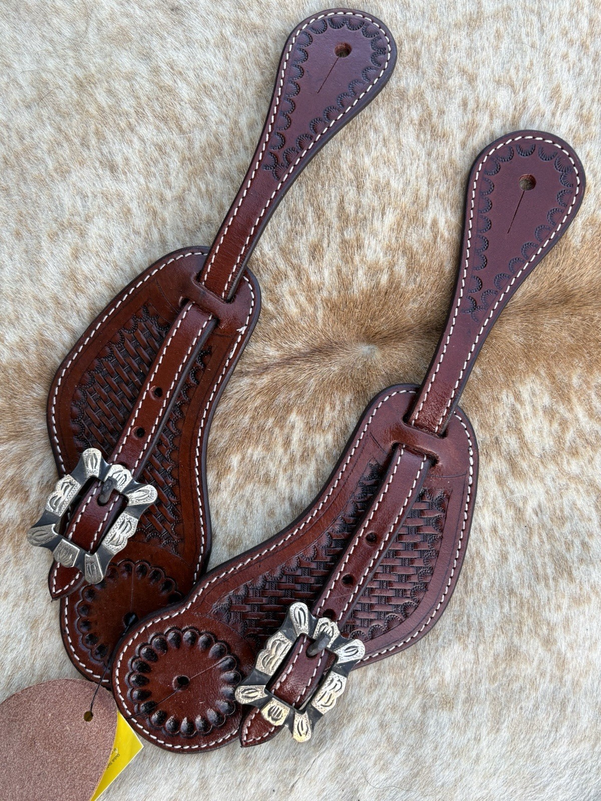 Mens Basketweave Tooled Top Grain Dark Oil Leather Western PAIR Spur Straps