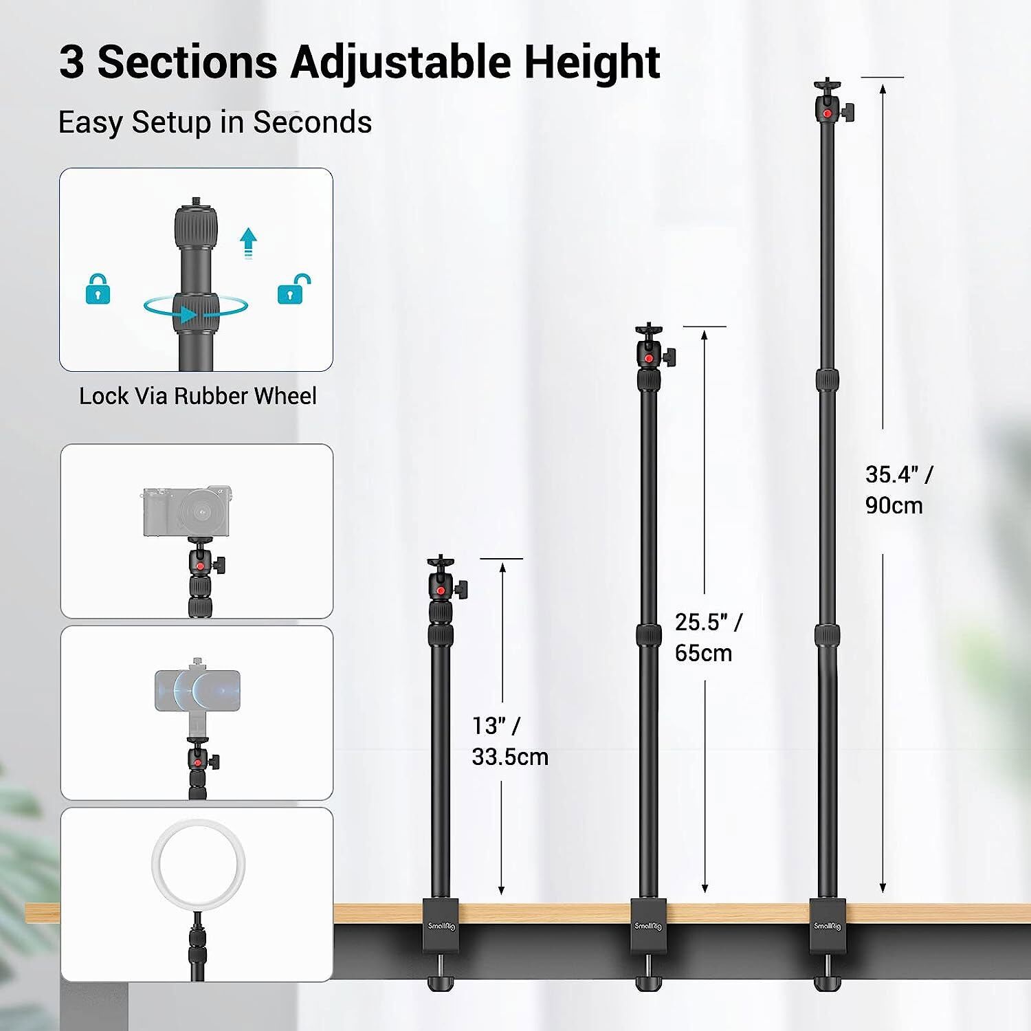 SmallRig Camera Desk Mount Table Stand 15"-35" with 1/4" Ball Head for Camera