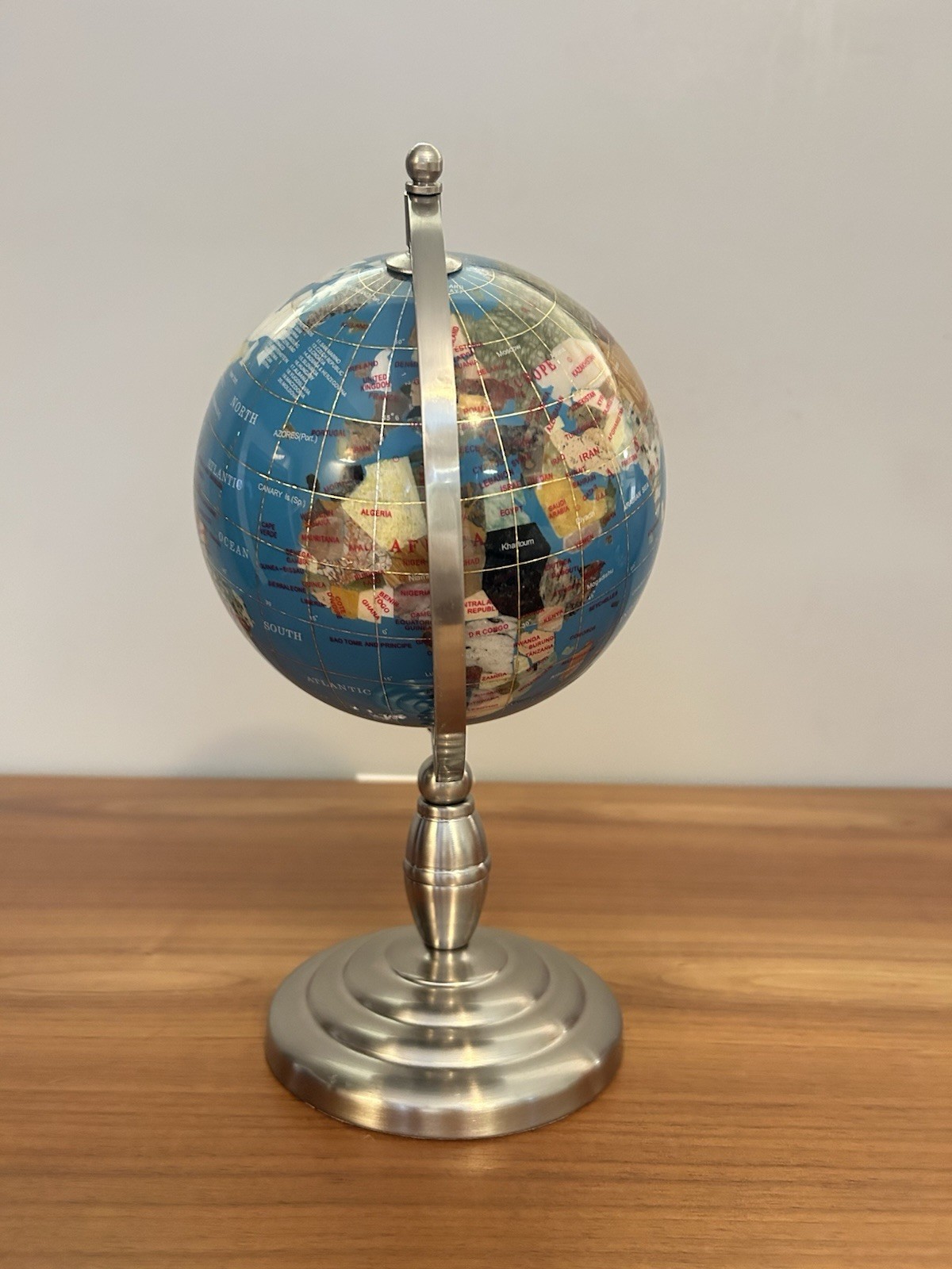 Desk Top Globe Dark Blue Lapis Luzuli & Gemstone Countries Silver Base 11"