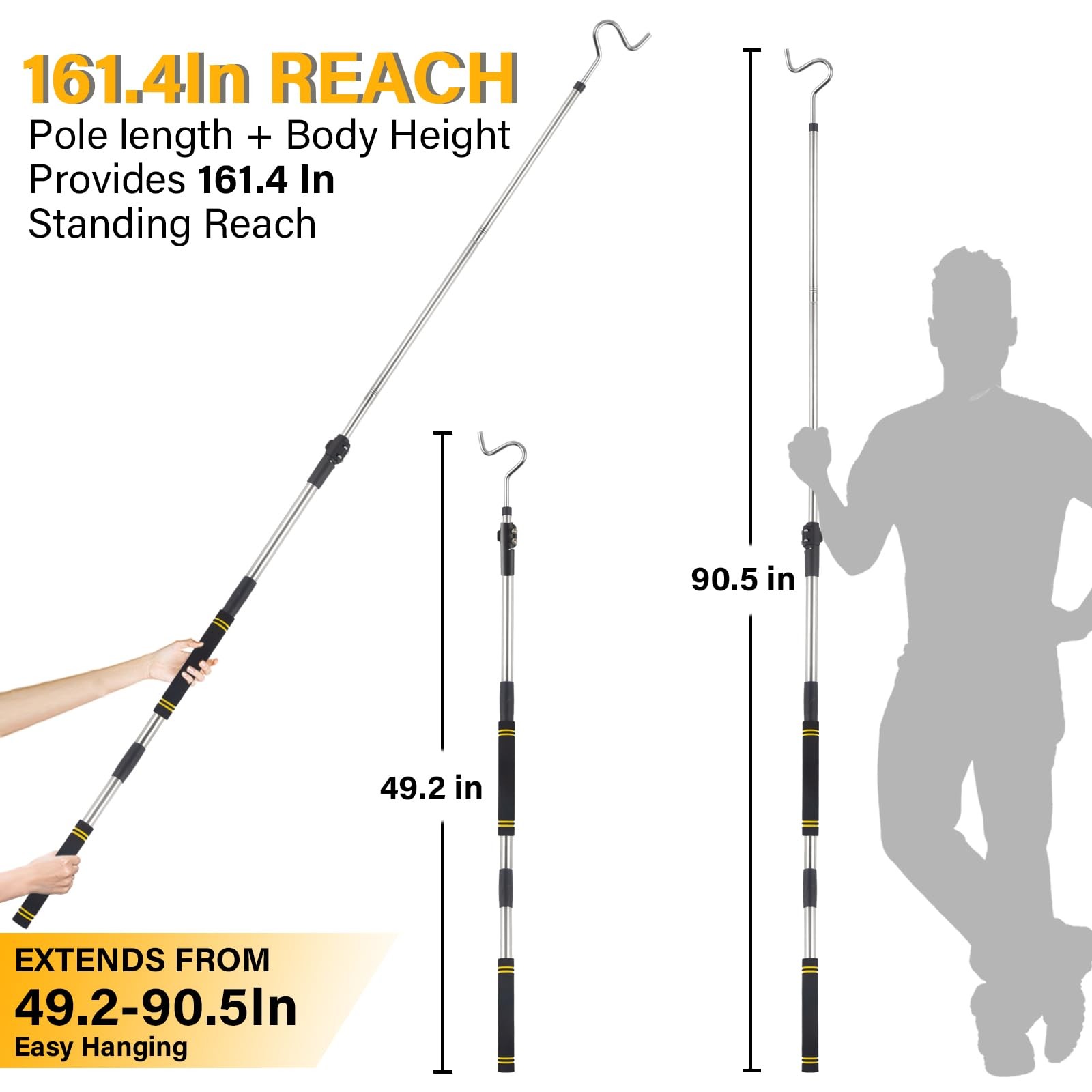 Clothes Hooks, 49"-91" Extendable Coat Hook Durable and Sturdy Telescopic Pol...