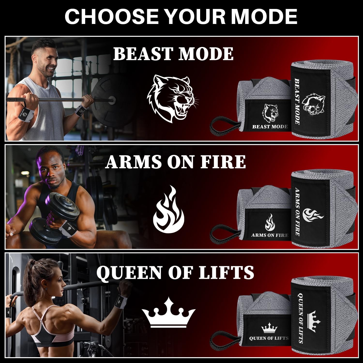 Weightlifting Wrist Wraps with Thumb Loop – Gray – Beast Mode – 12 inch – Hea...