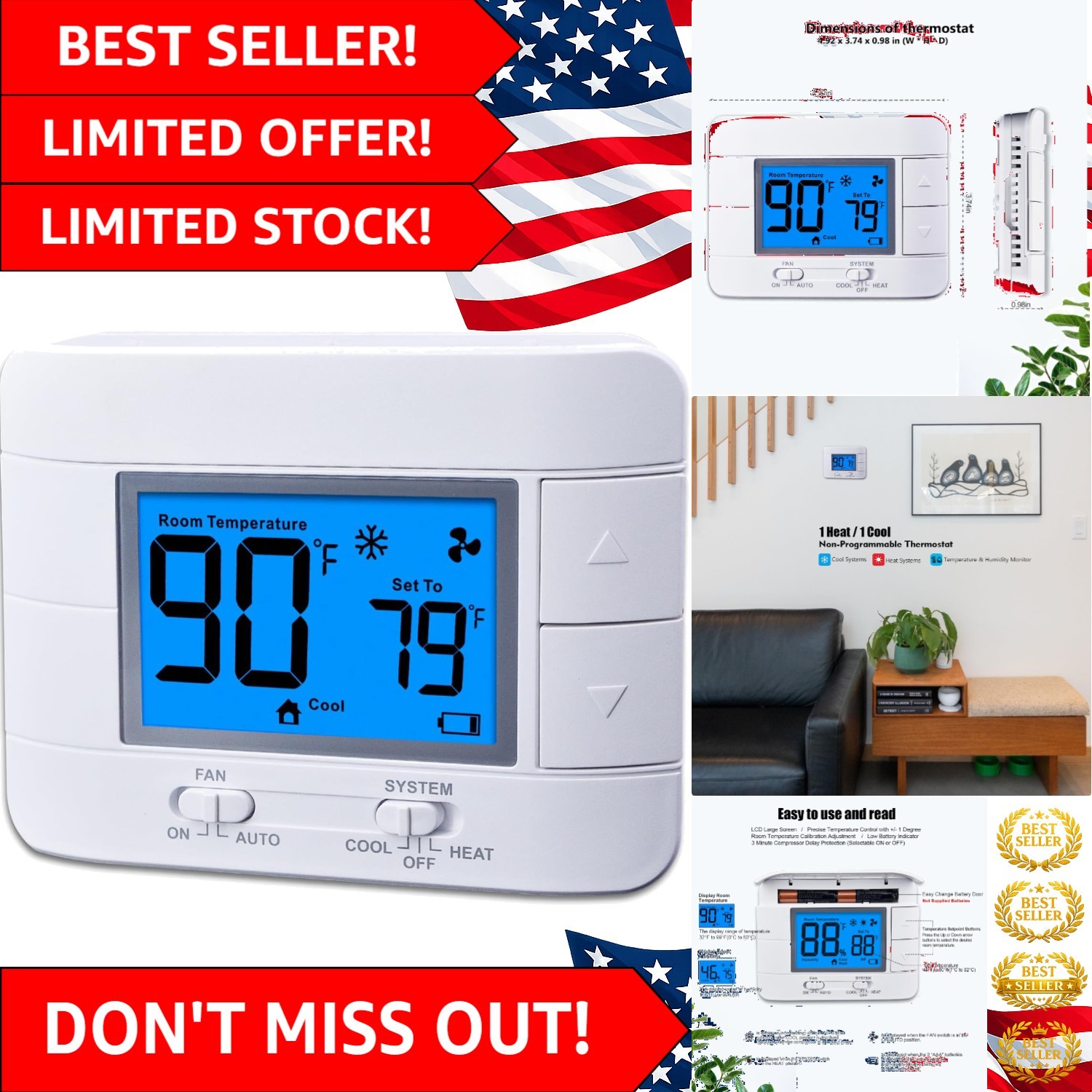 Single Stage 1H/1C Thermostat - Large LCD with Temperature & Humidity Display