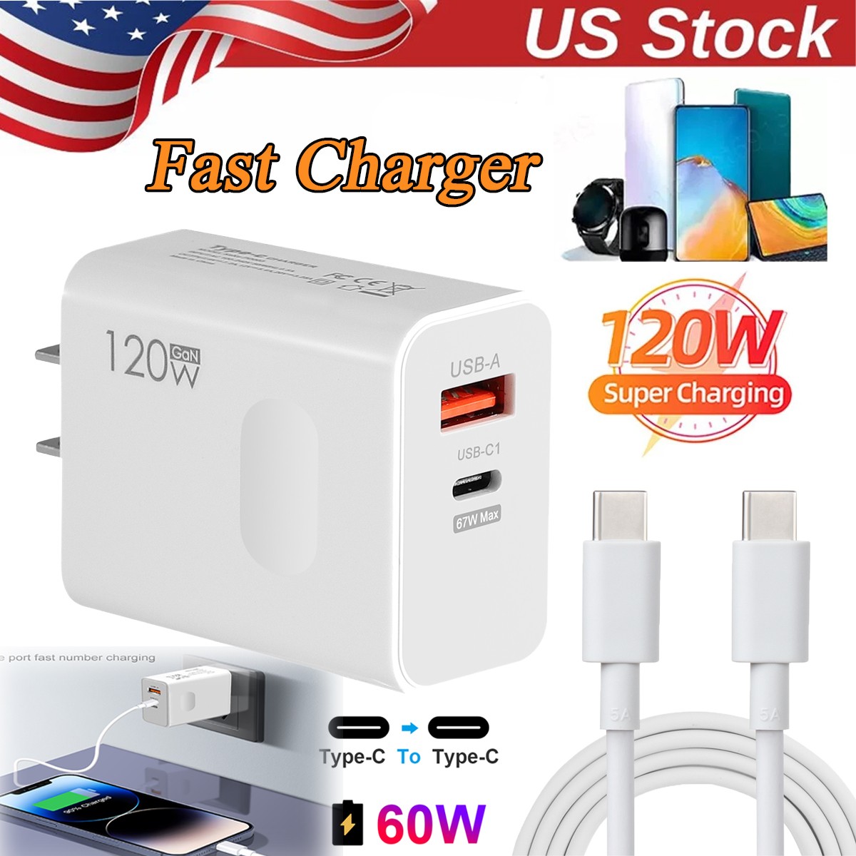 120W USB-C Type C Fast Wall Charger + Cable PD QC 5.0 Adapter For iPhone Samsung