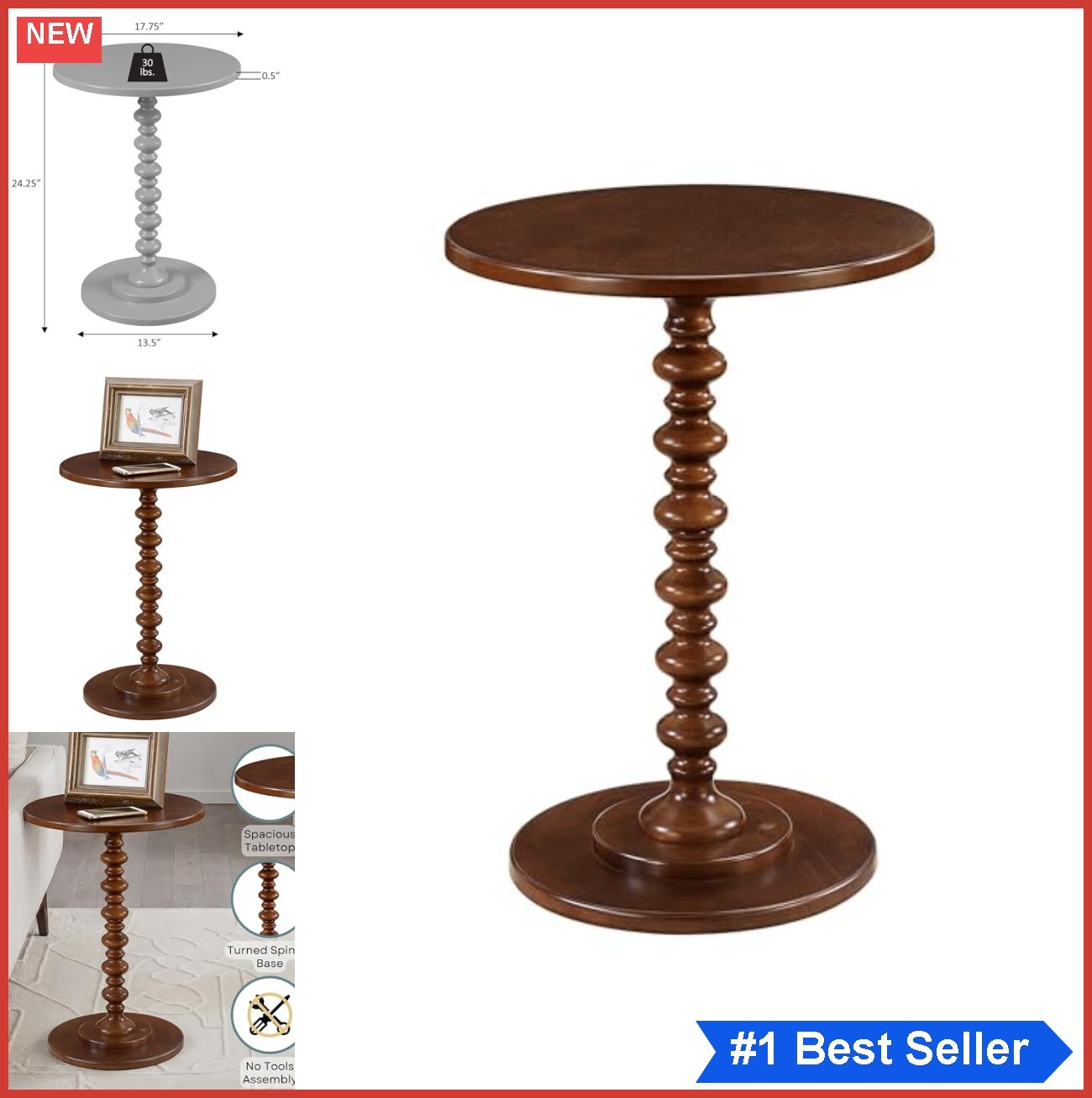 Round End Table 17.75 Inch Espresso Wood Spindle Pedestal Side Table for Living