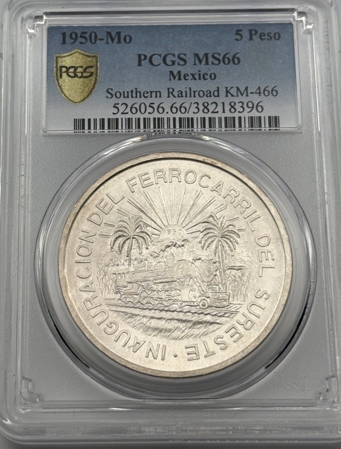 1950-Mexico 5 Pesos-Southeastern Railroad-PCGS MS 66-High Grade Gem-Blast White!