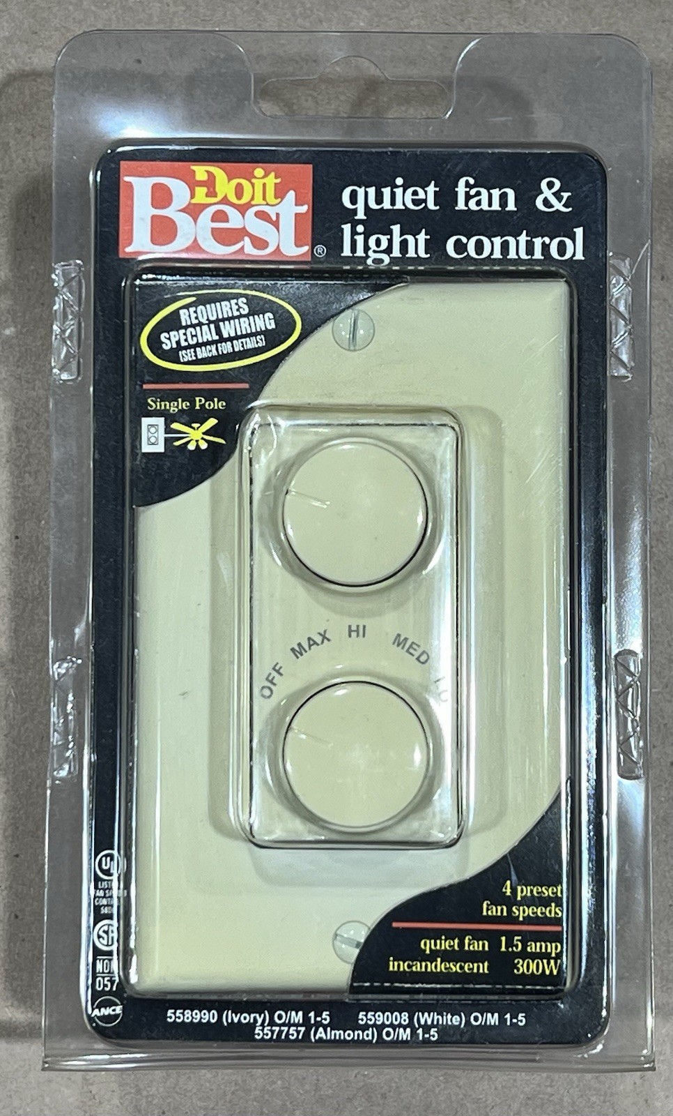 DO IT BEST Light & Fan Control 4 Speed 1.5 Amp 300W 558990 Ivory NOS-Sealed