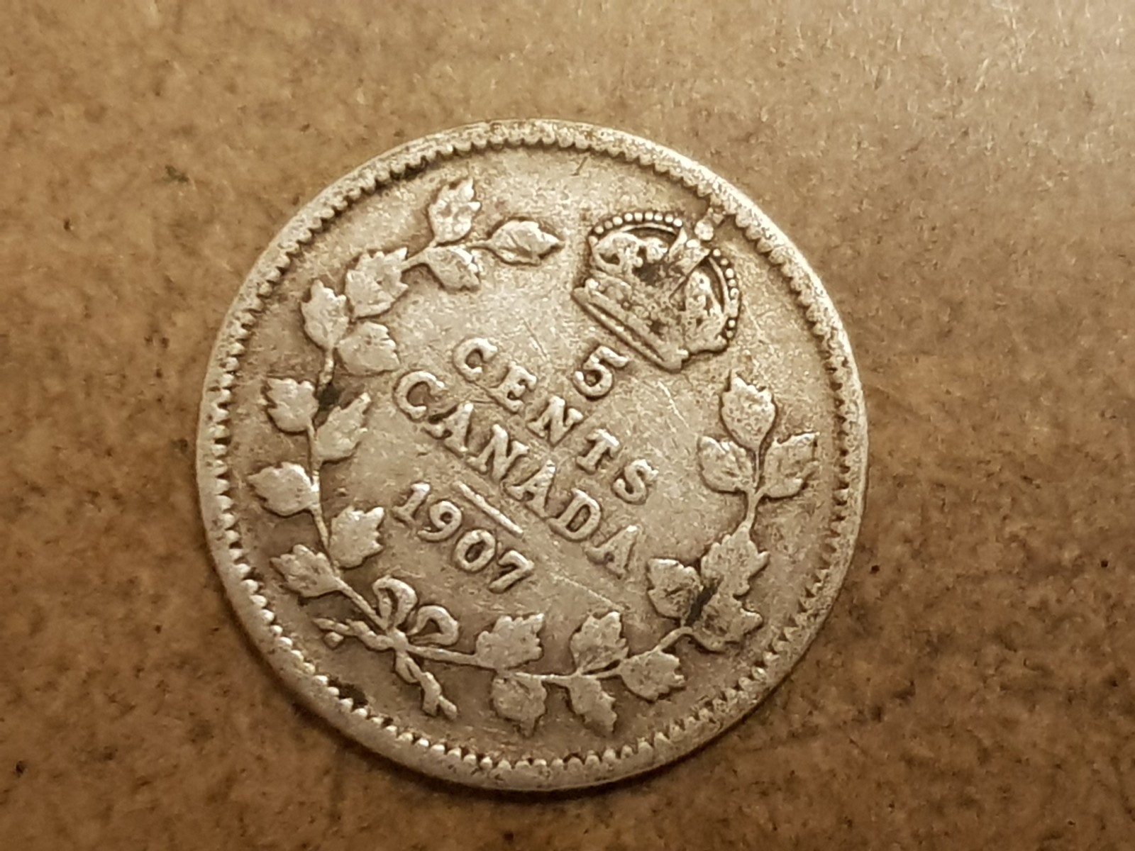 Original 1907 Edward VII .925 Silver Canada 5 Cent Coin - Narrow Date Variety VF