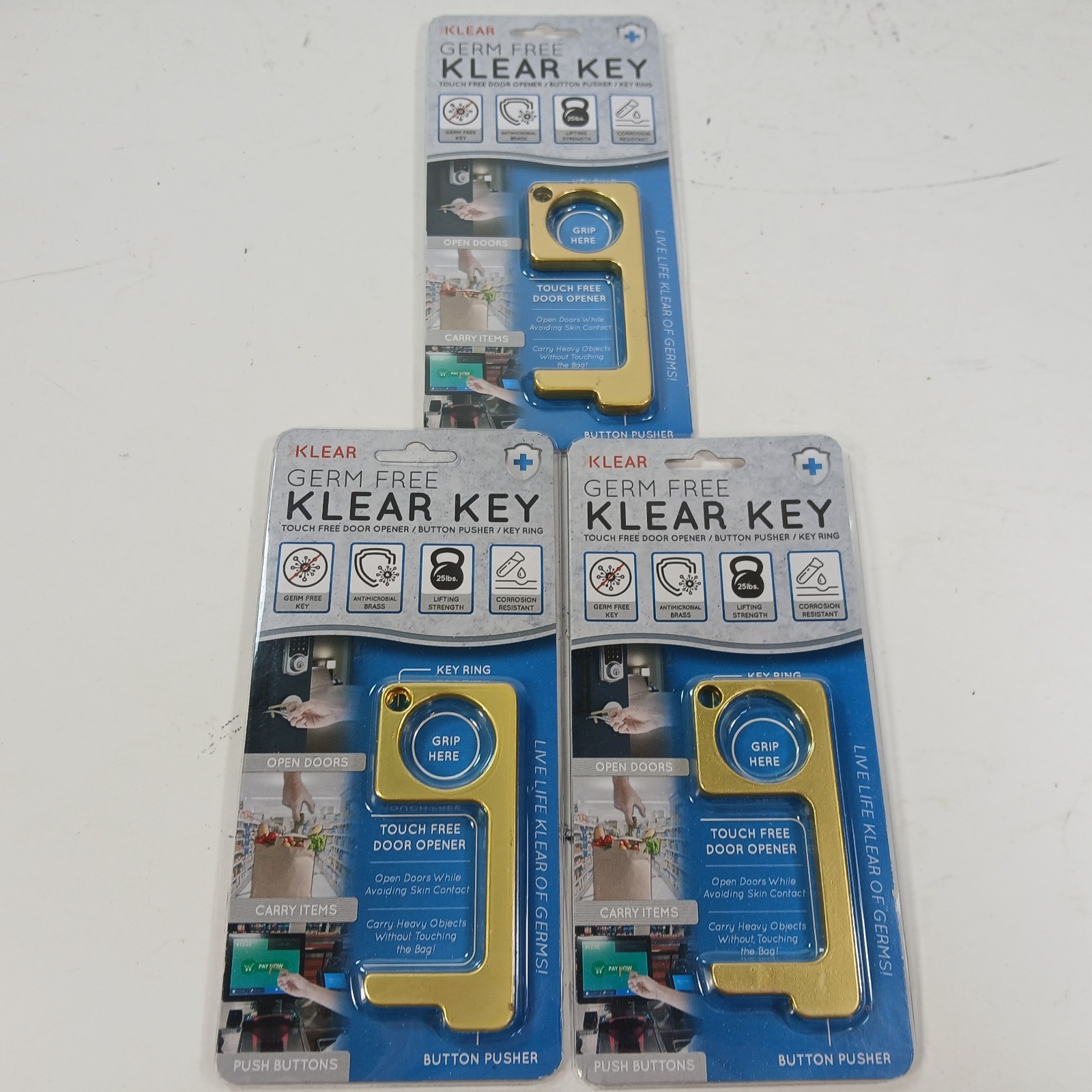 Lot of 3 TOUCH FREE GERM KEY DOOR  *MADE IN U.S.A* BRASS Keychain