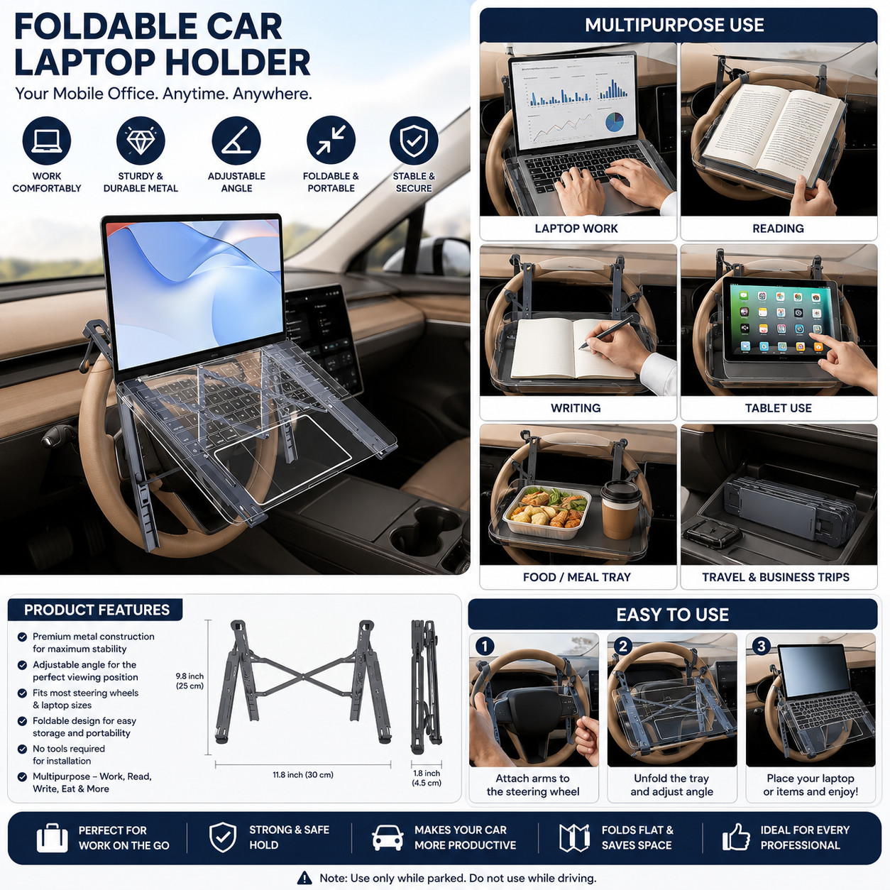 Foldable Car Laptop Holder, Adjustable Car Laptop Mount for Steering Wheel Tray