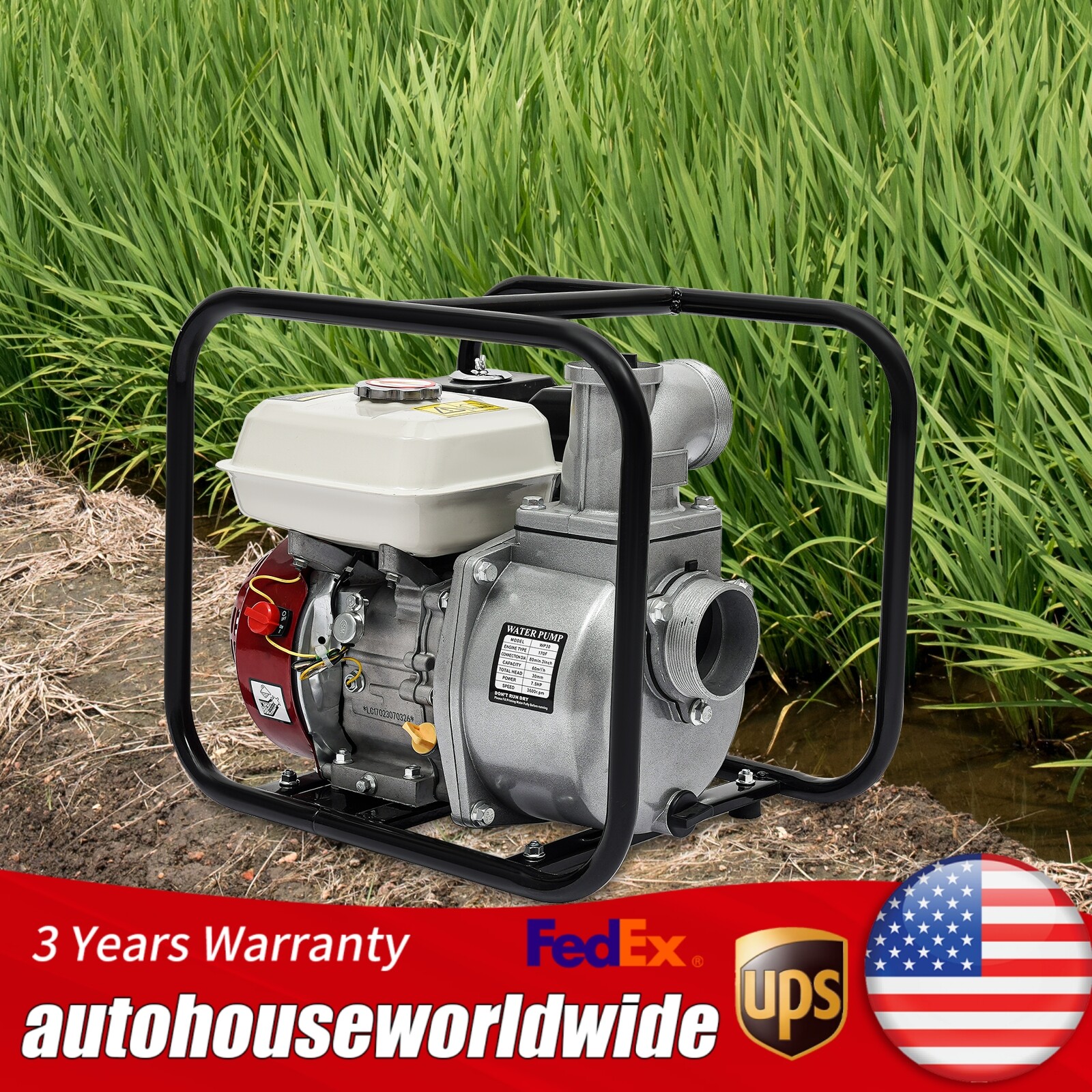 Water Transfer Pump 4stroke 210cc 7.5 HP Gasoline Engine Water Pump Recoil Start
