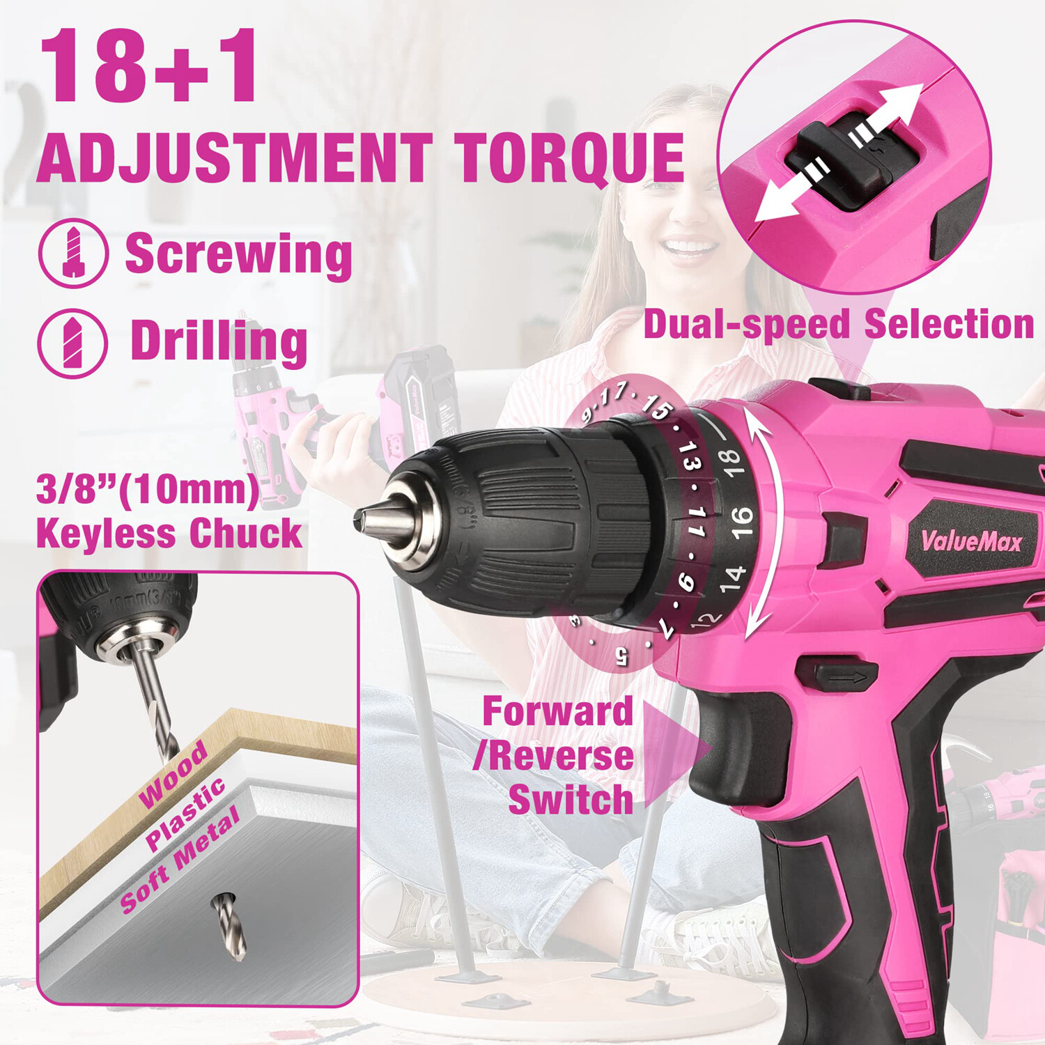 ValueMax 238PC Pink Tool Set Home Tool Kit 20V Cordless Drill Tool Set Drill Set
