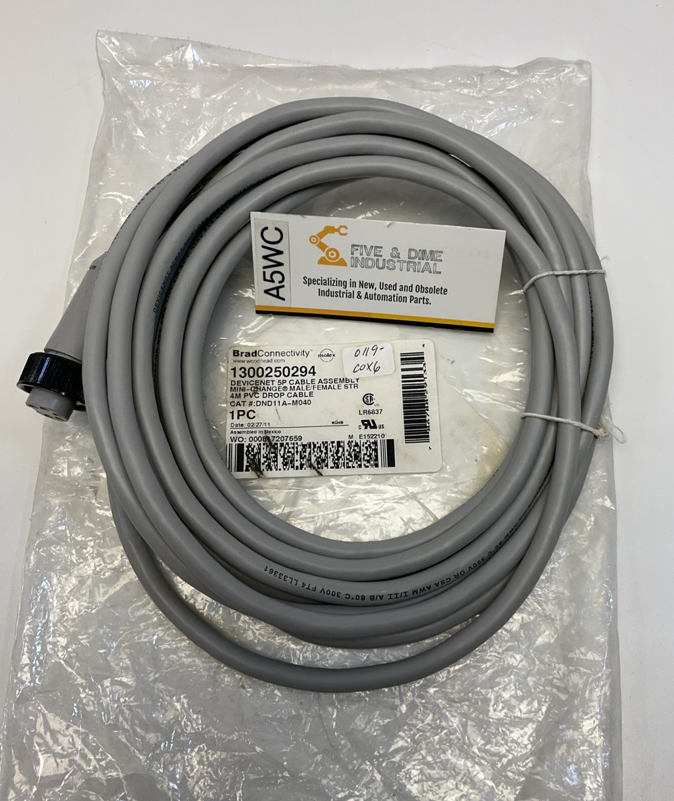 Woodhead  1300250294 DeviceNet Cordset 5-Pin Male / Female 4 Meters