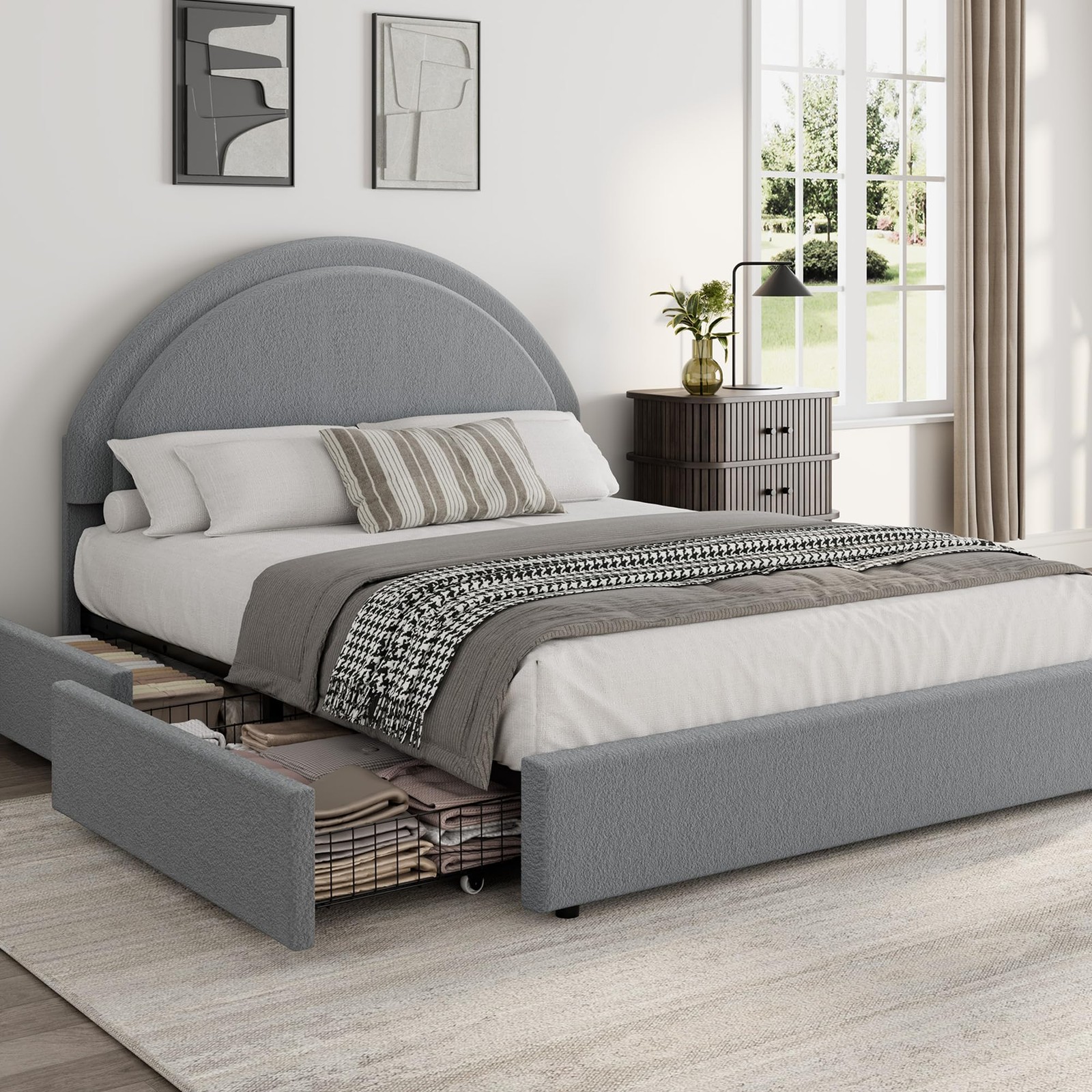 Queen Size Bed Frame ,Upholstered Platform Bed with Headboard & 2 Drawers ,Gray