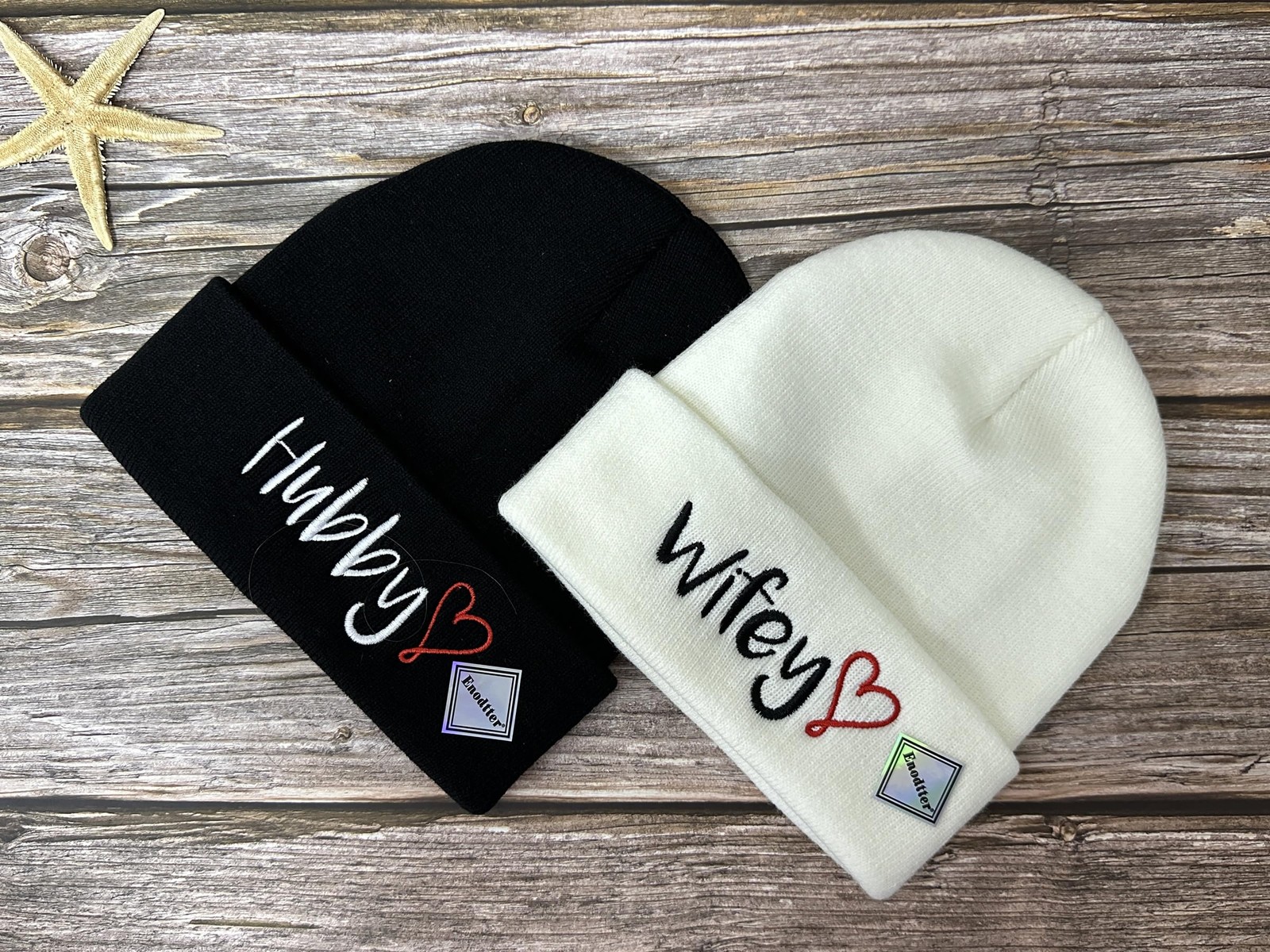 Enodtter Embroidered Hubby Wifey One Size, (Black & White)