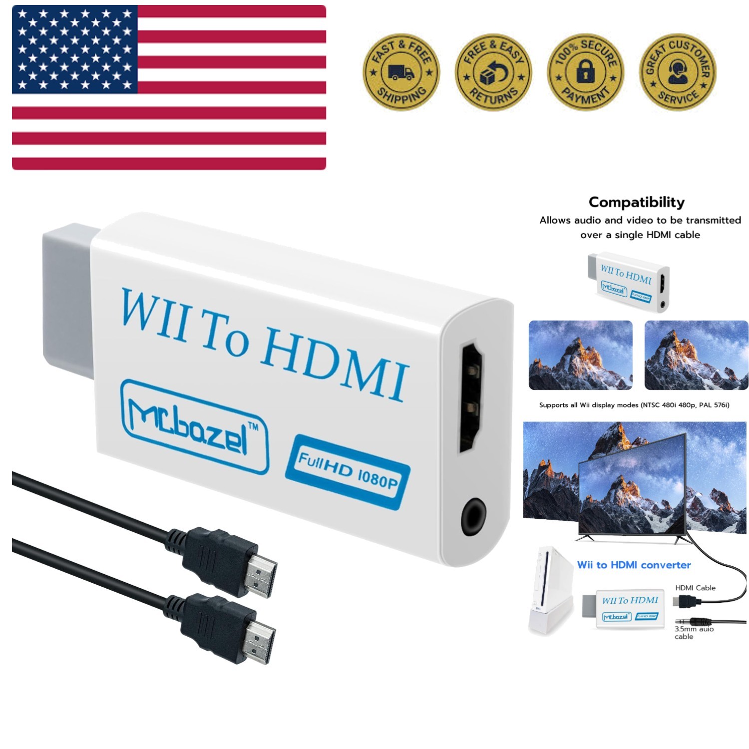 Wii to HDMI Adapter, Wii to HDMI Converter with 1.5m Cable 1080P, Wii Video A...