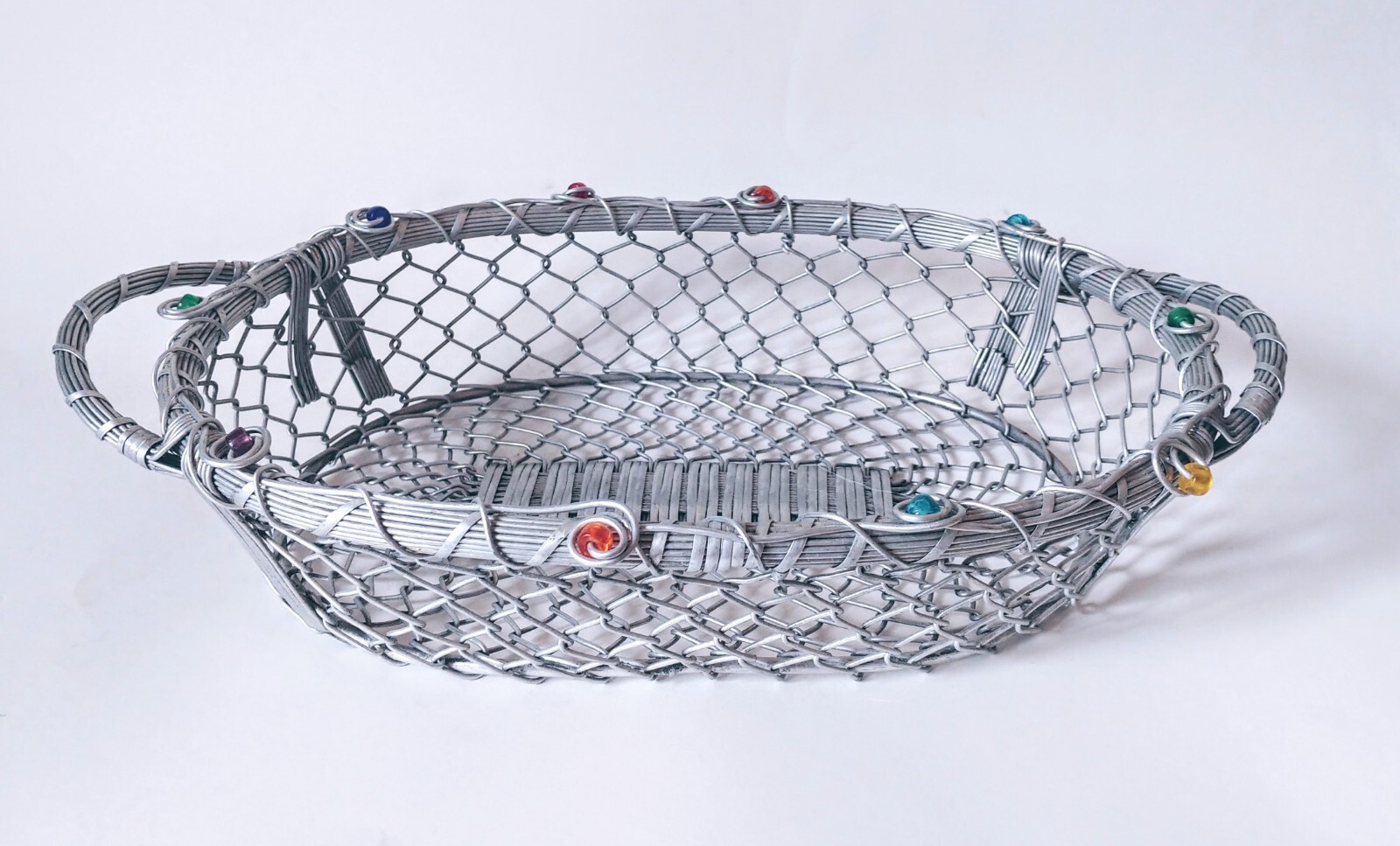 Large Wire Embellished Beaded Basket With Handles