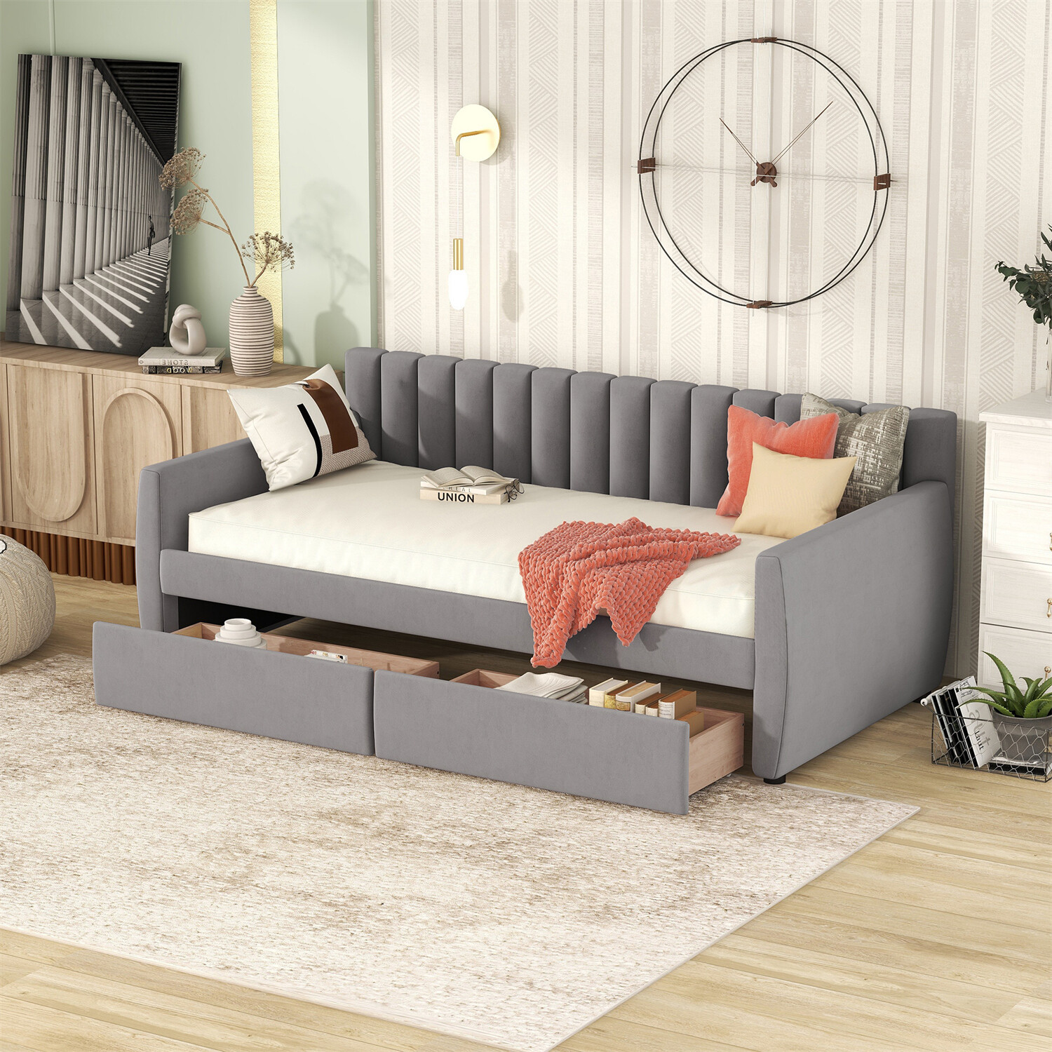 Twin Size Daybed with 2 Drawers Upholstered Bed Frame Sofa Bed with Storage Gray