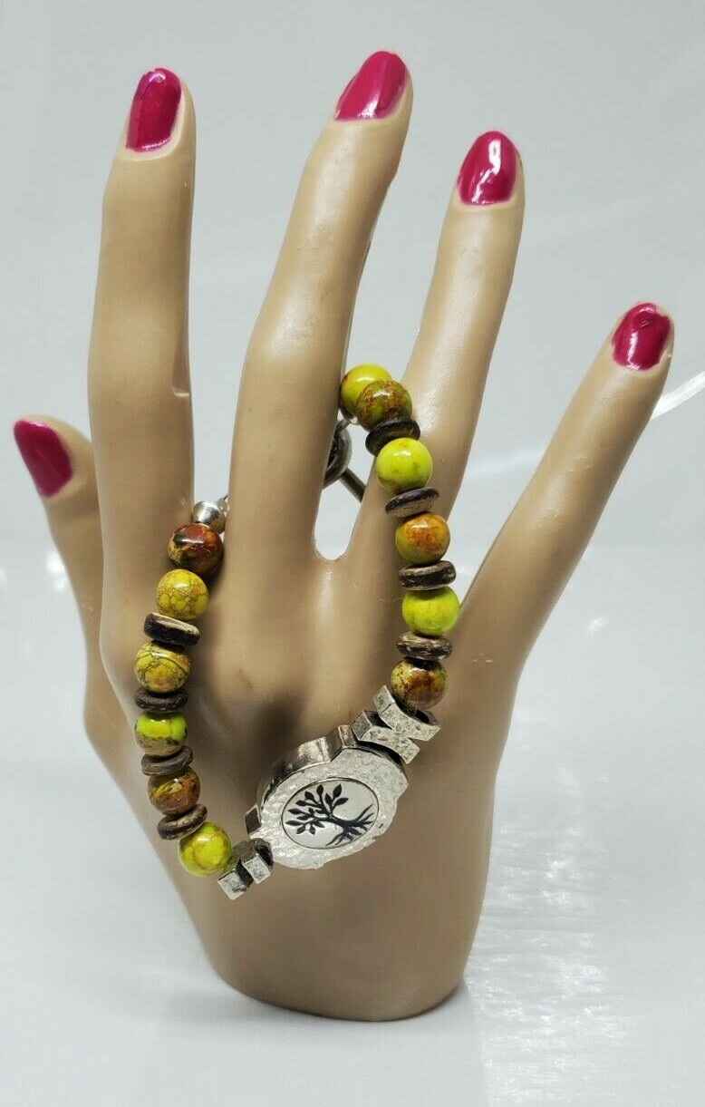 Green Brown Beaded Tree Design Bracelet 8" Marked KS