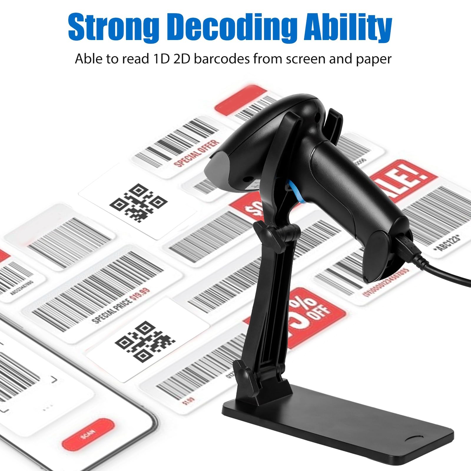 QR Code Scanner Foldable Stand 1D 2D 2.4G Wireless USB Wired Handheld CMOS
