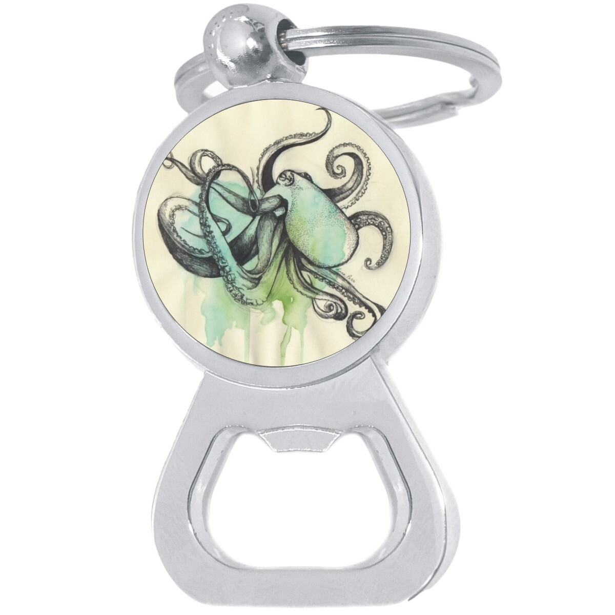 Blue Green Octopus Bottle Opener Keychain - Metal Beer Bar Tool Key Ring