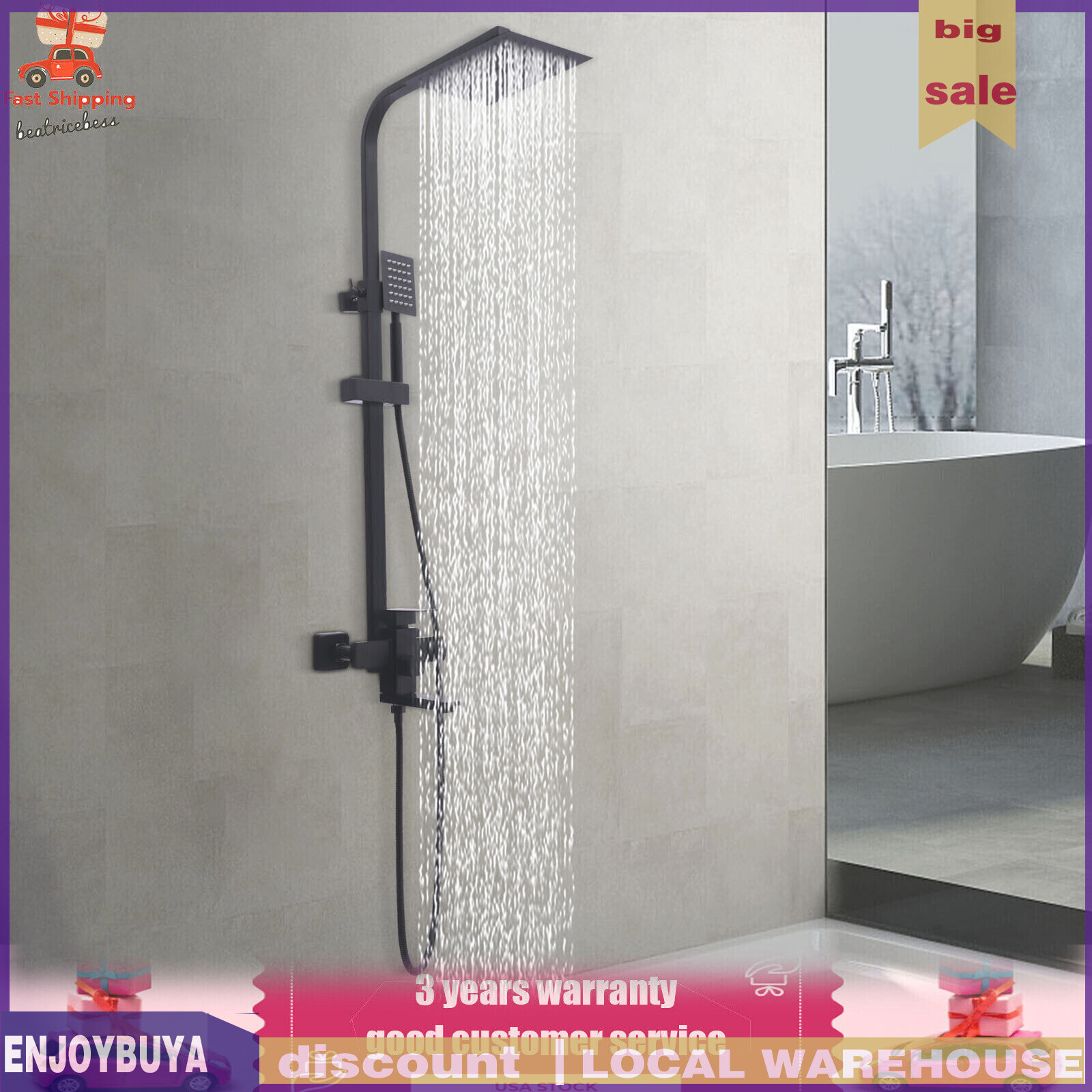 Shower Faucet Set System Rainfall Shower Head Handle Combo Kit Wall Mount Black