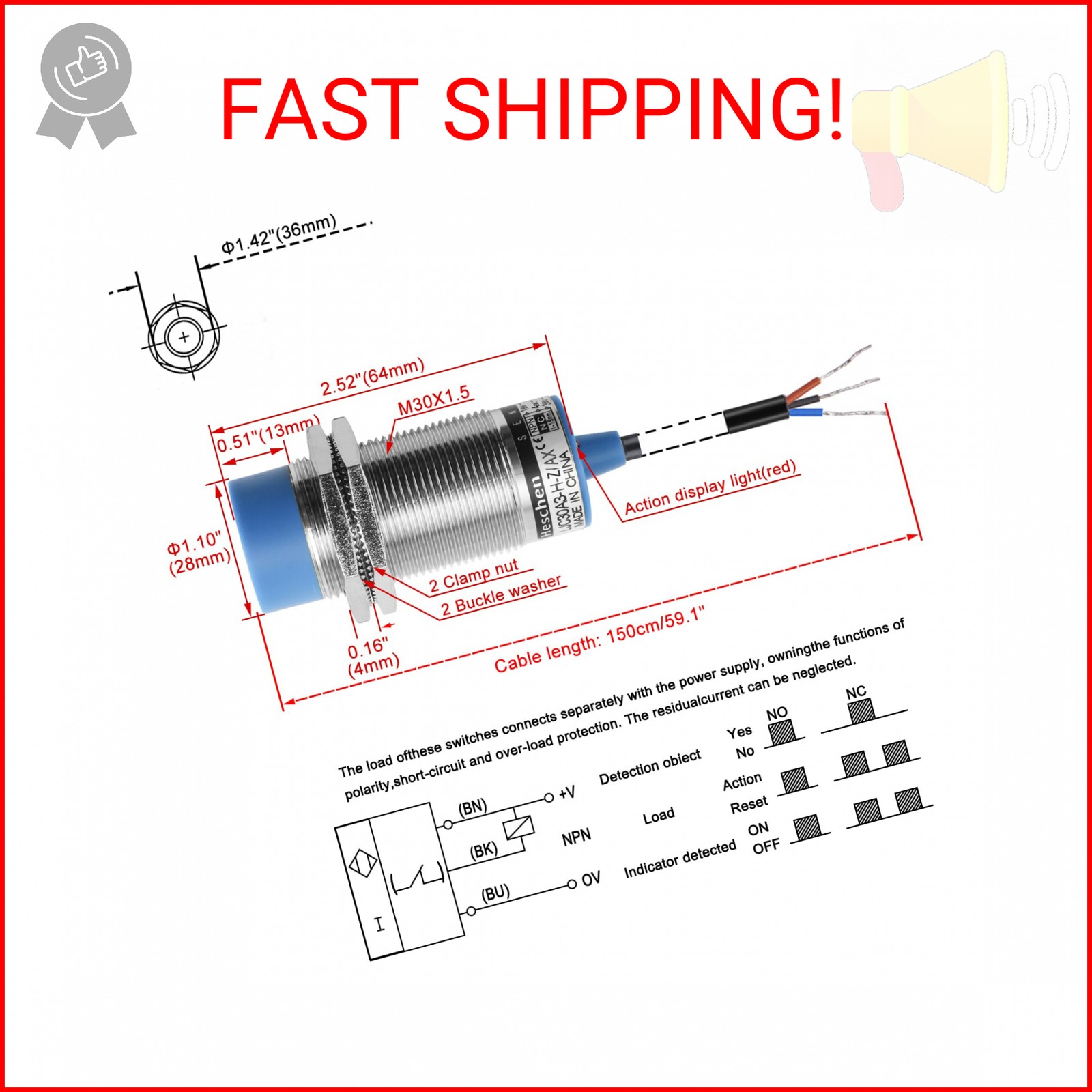 Heschen M30 Capacitive Proximity Sensor Switch Non-Shield Type LJC30A3-H-Z/AX De