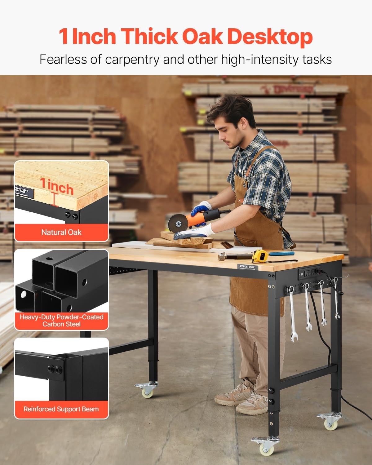 VEVOR Adjustable Workbench 48in Power Outlet Wheels 2000lbs