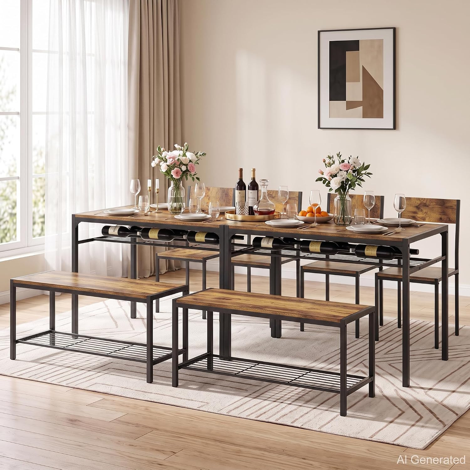 Kitchen Dining Room Table with 2 Chairs & Bench, Compact Space-Saving Design, Ea