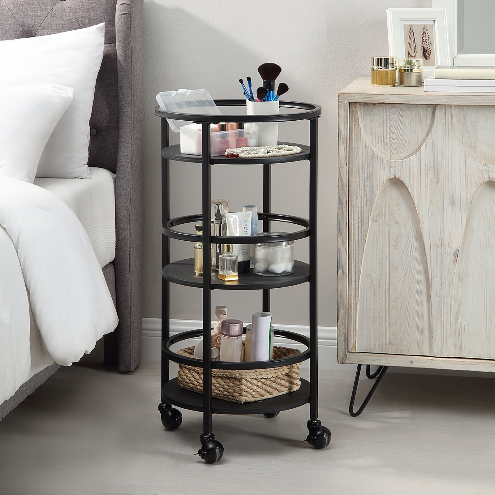 32" 3-Tier Rolling Round Kitchen Storage Bar Cart Black