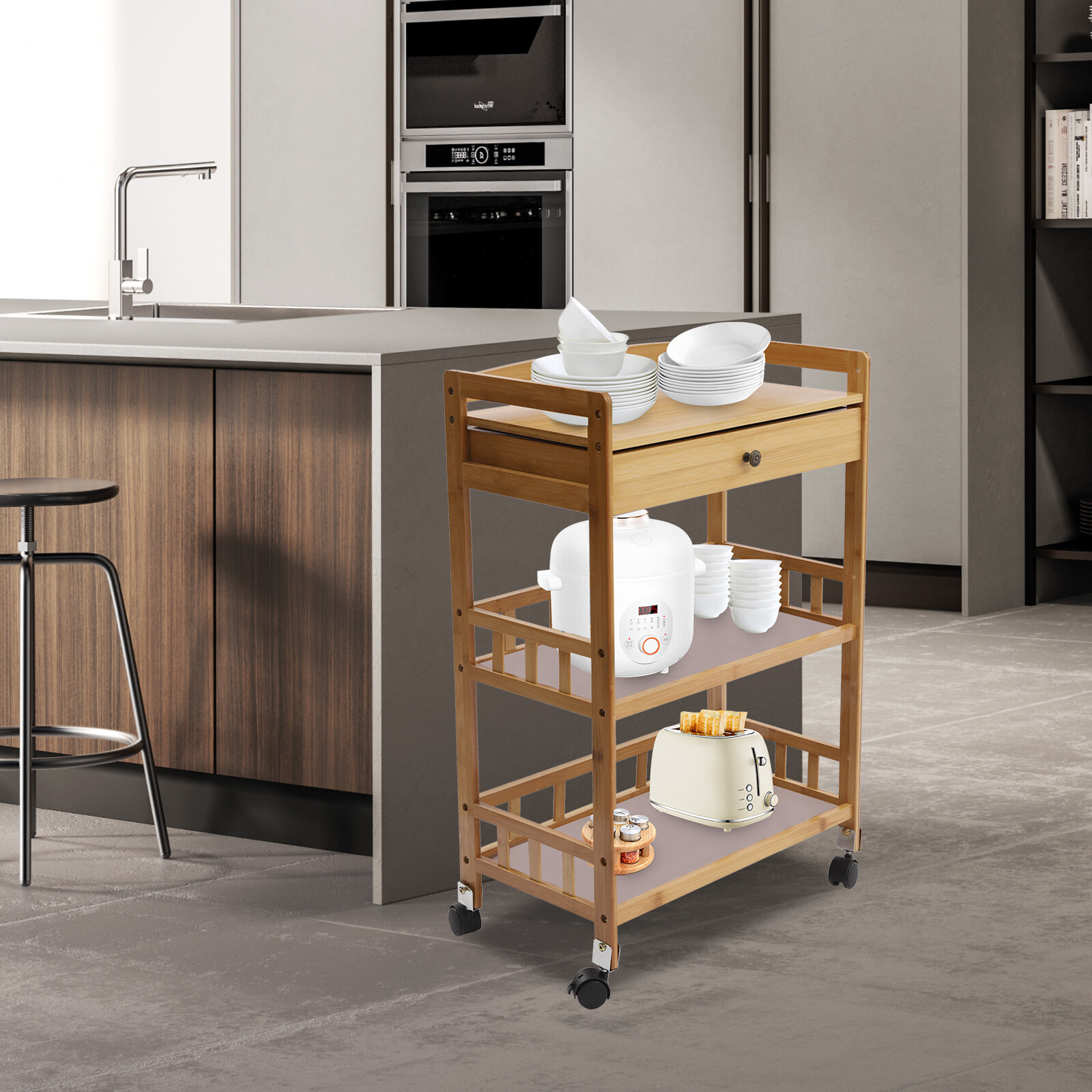 Bamboo Home Rolling Kitchen Trolley W/ Storage Drawer Stand 3-Tier Shelves Cart