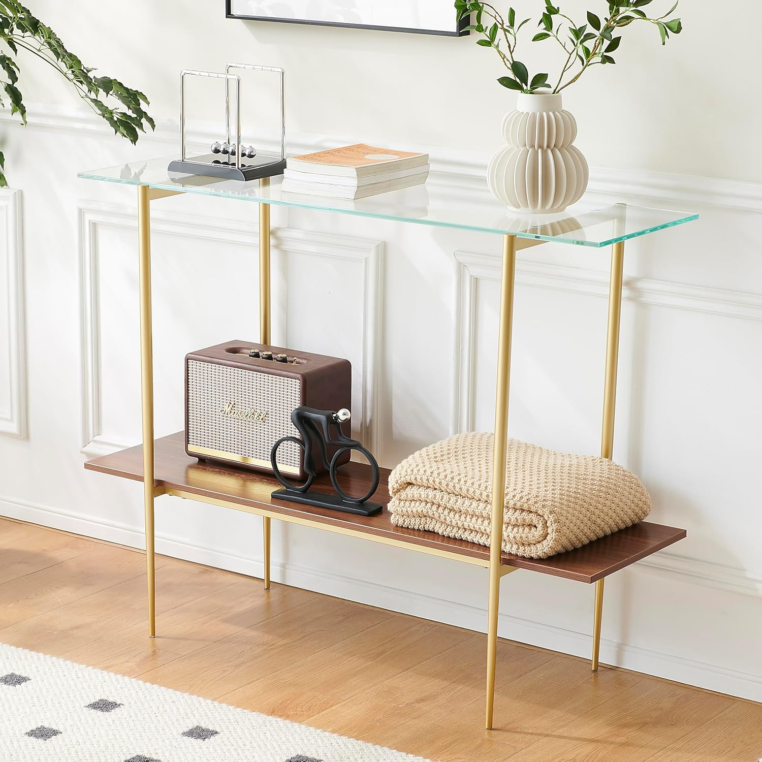 Mid-Century 2-Tier Glass & Walnut Console Table with Gold Frame, 41" Wide