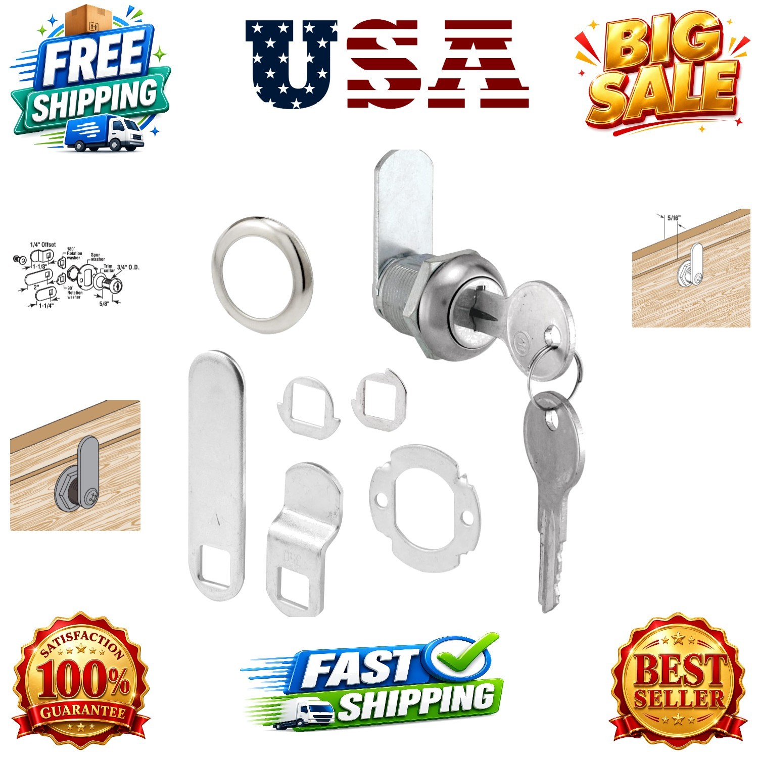 U 9941 Diecast Drawer and Cabinet Lock, 3 Cams, Trim Collar, 2 Washers, 2 Key...
