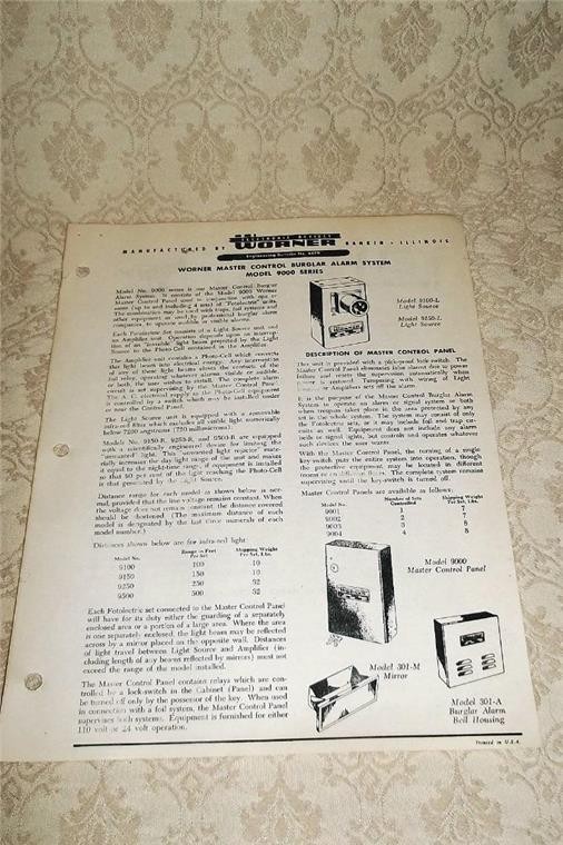 50's WORNER ELECTRONIC DEVICES MASTER CONTROL BURGLAR ALARM ENGINEERING BULLETIN