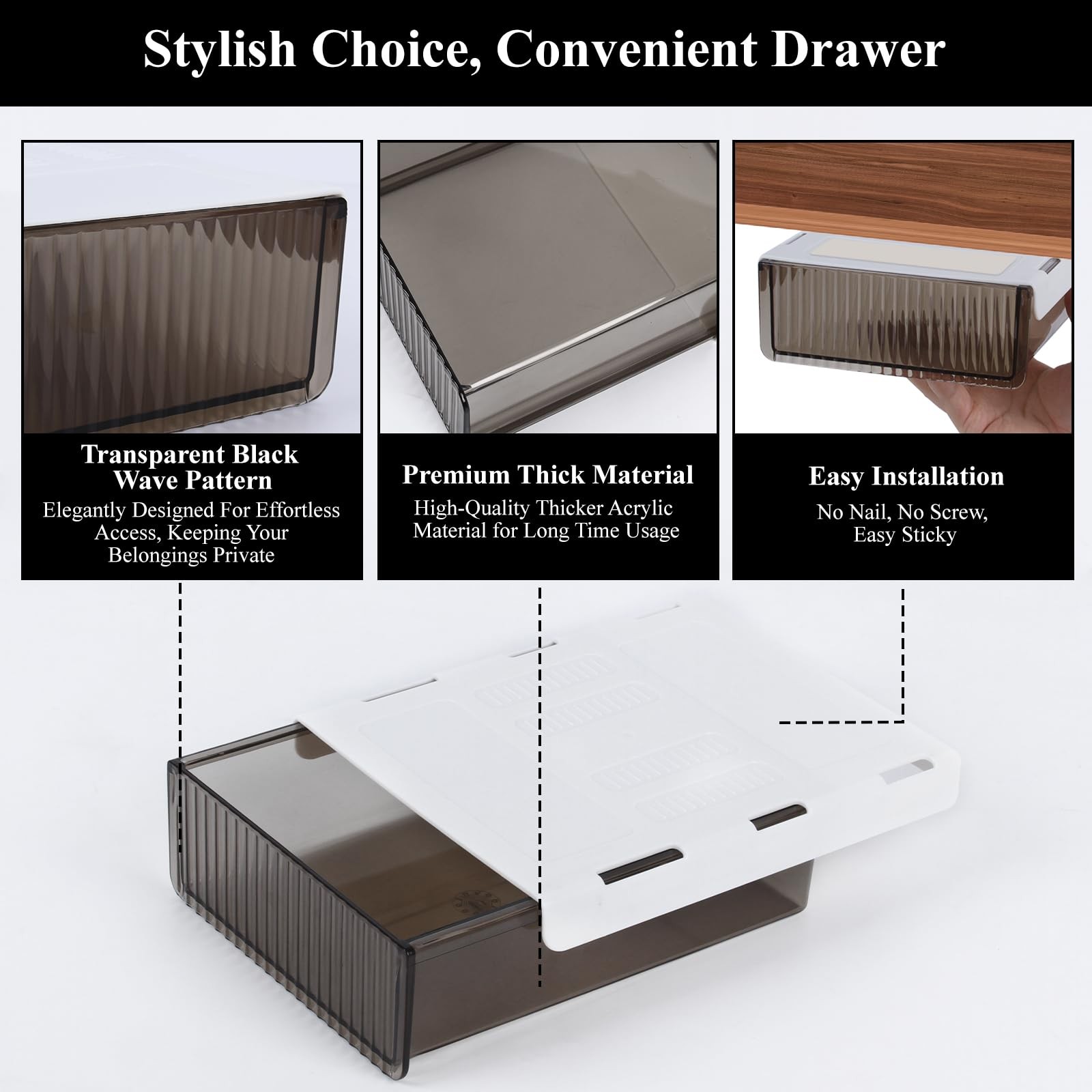 Under Desk Storage Drawer Table Slide Out SelfAdhesive Translucent Black