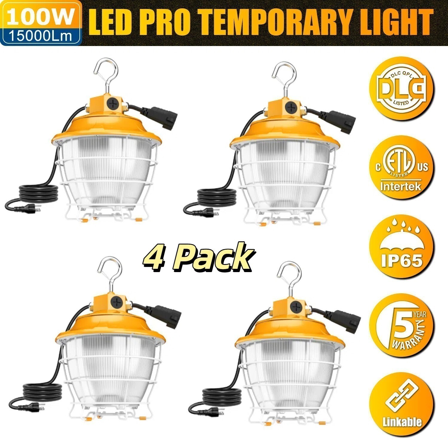4pack 100W LED Pro Work Light Portable Construction Hanging 4.5/5/5.7K IP65