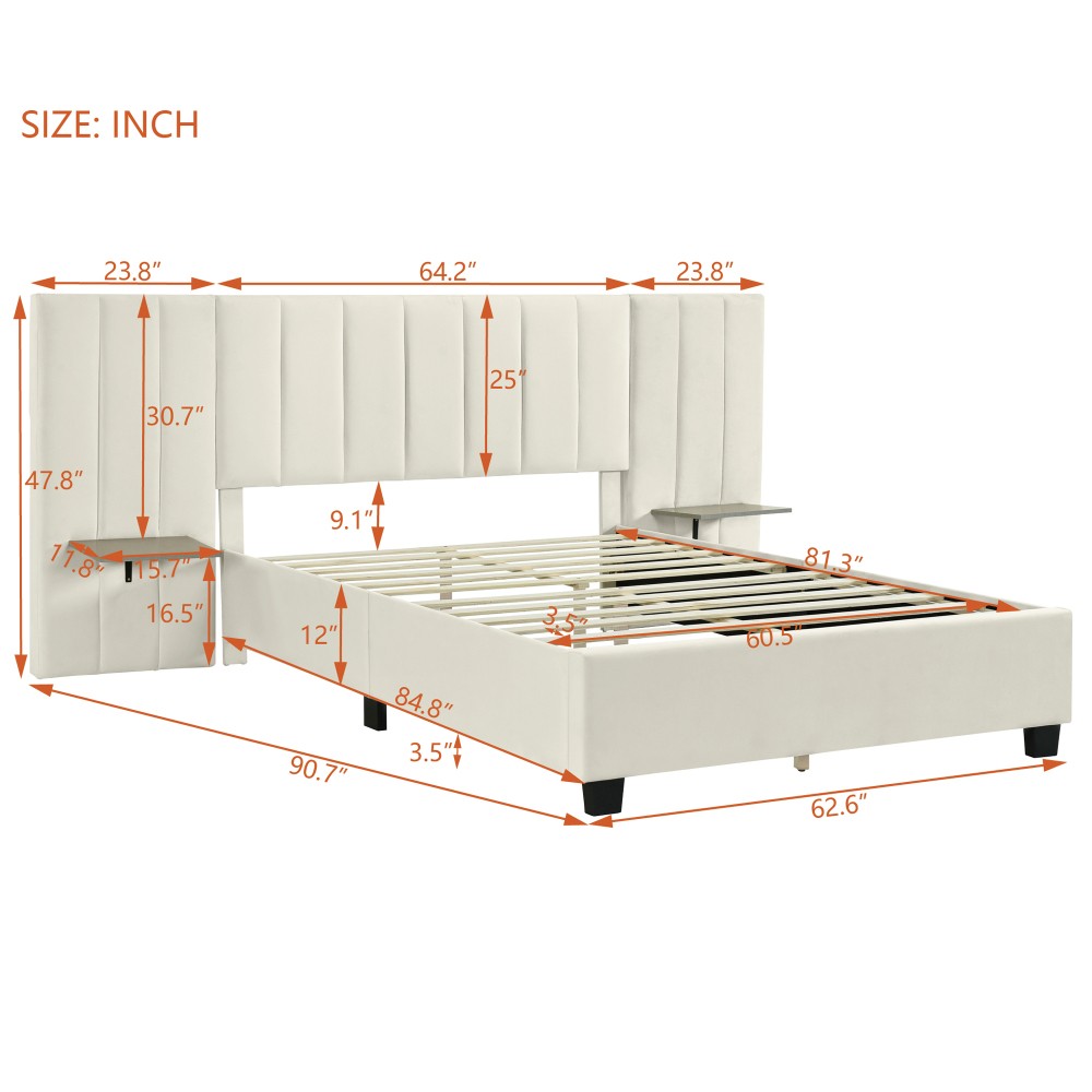 Queen Size Upholstered Platform Bed with Big Headboard, Bedroom Furniture