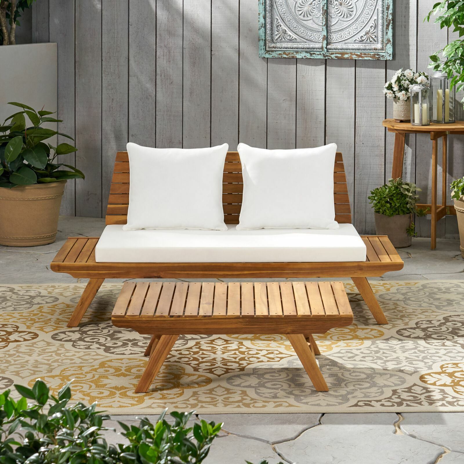 Kaiya Outdoor 2 Seater Acacia Wood Loveseat and Coffee Table Set