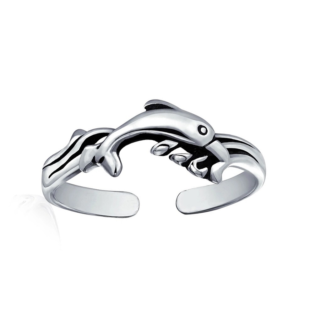 14K White Gold Over Adjustable Nautical Dolphin Sterling Silver Toe/Midi Ring