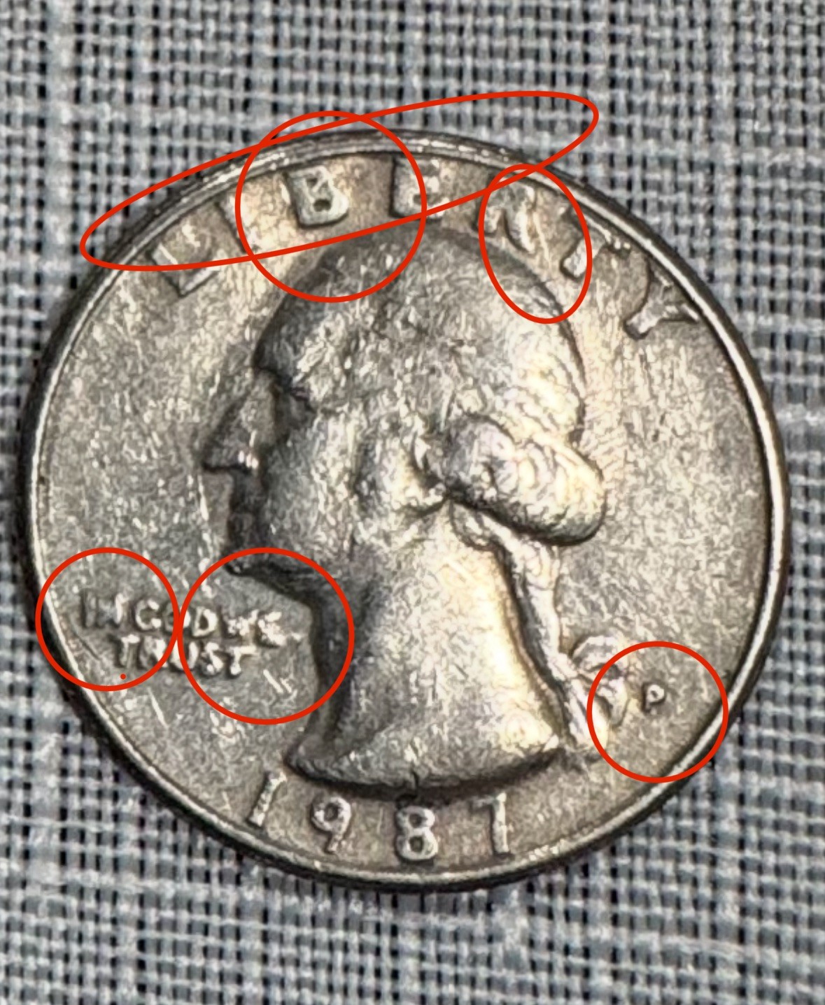 1987 D Washington Quarter 3  Errors. On Reverse 3rd Wing. Grease Error
