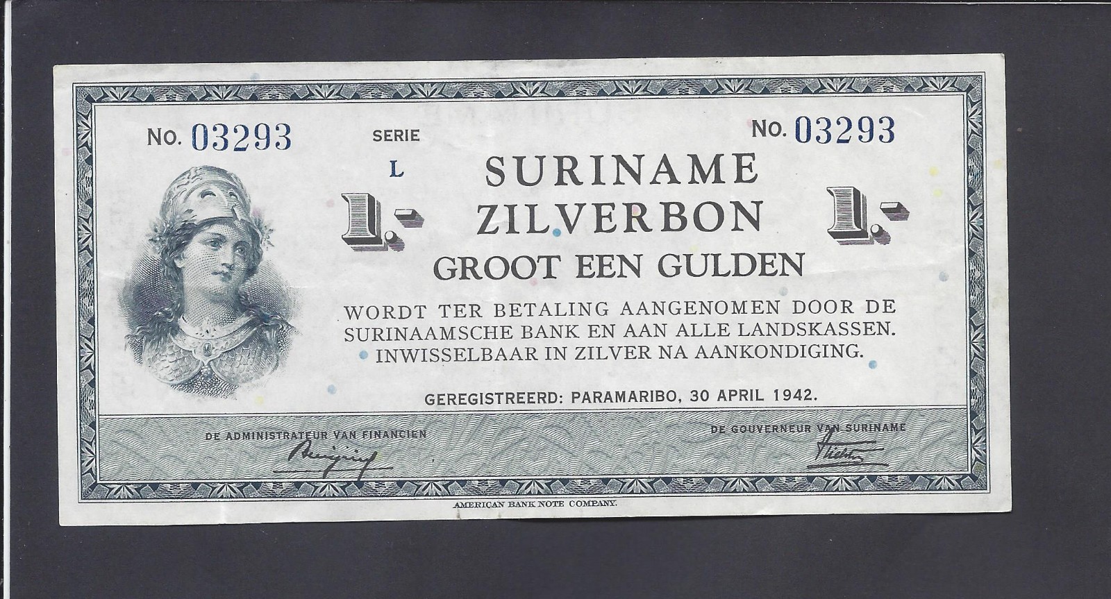 SURINAME  - 1   GULDEN  / ZILVERBON  1942    @     XF !!!   @