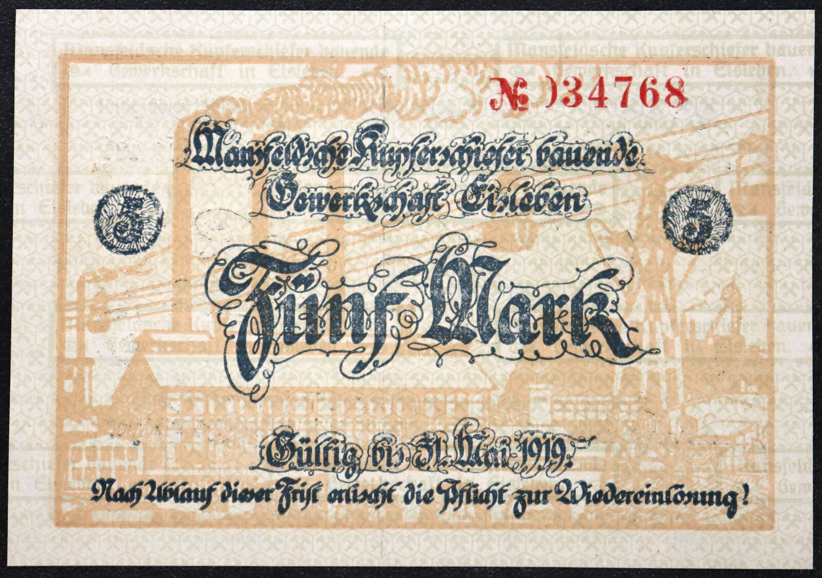 EISLEBEN 1918 "Mansfeld Copper Shale" 5 Mark Grossnotgeld German Notgeld