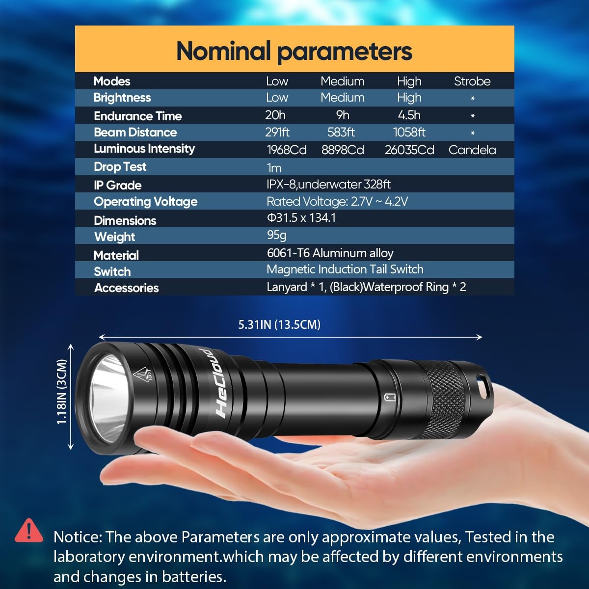 Hecloud 2 Pack Scuba Diving Flashlight Rechargeable Power Dive Light Torch 3000