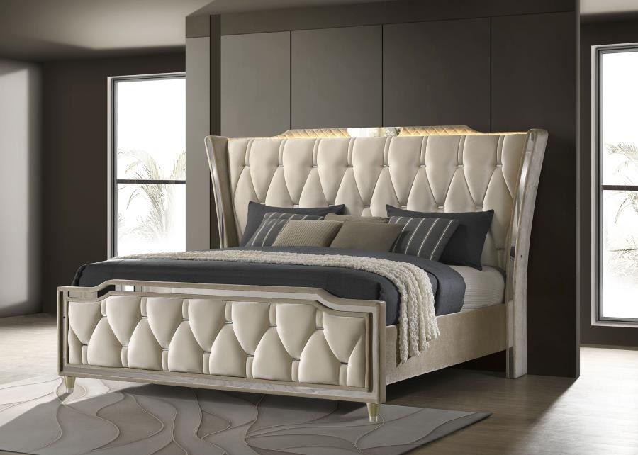 KING  IVORY VELVET LED TUFTED WINGBACK BED BEDROOM FURNITURE