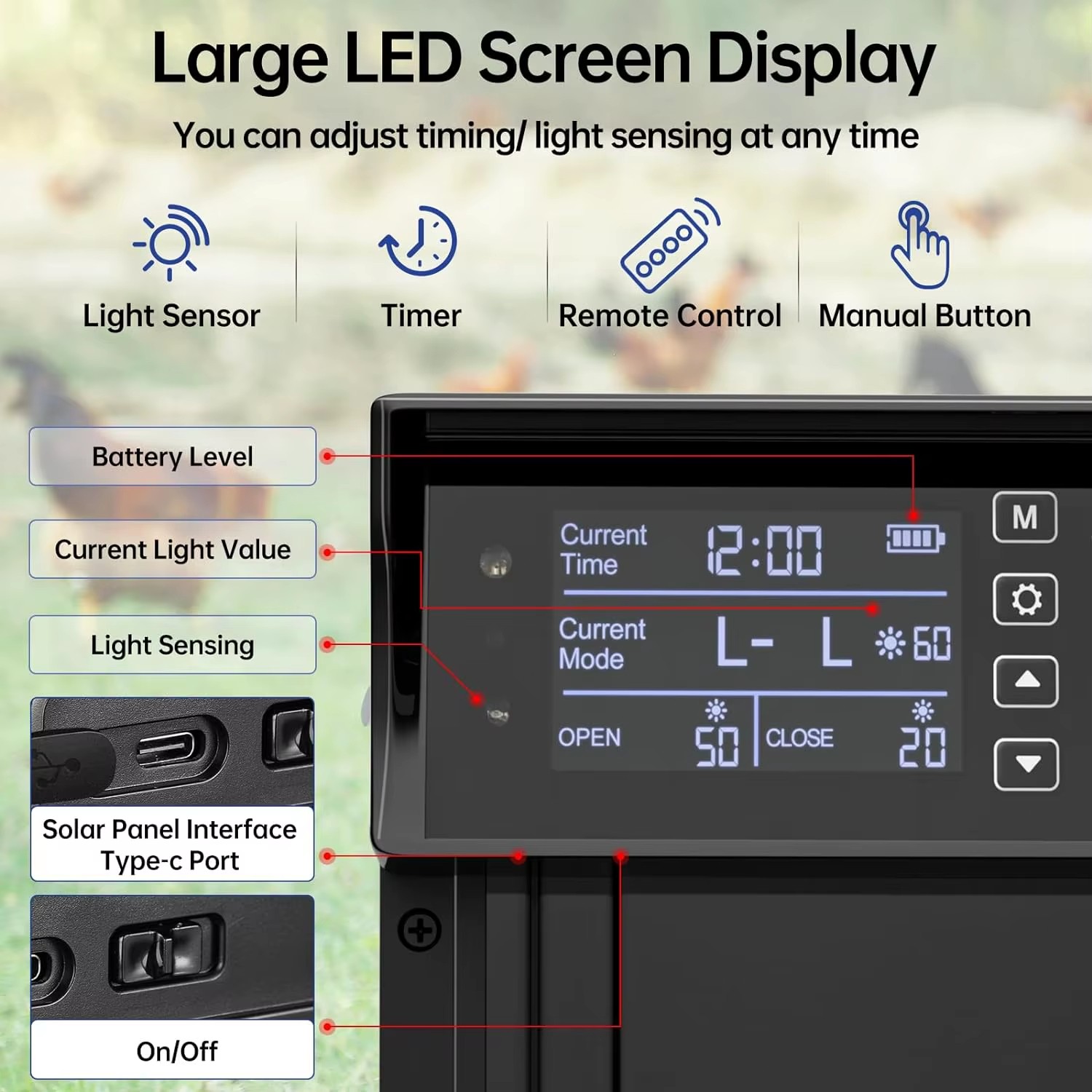 Solar Automatic Chicken Coop Door Opener with Light Sensor/Timer/Remote Control