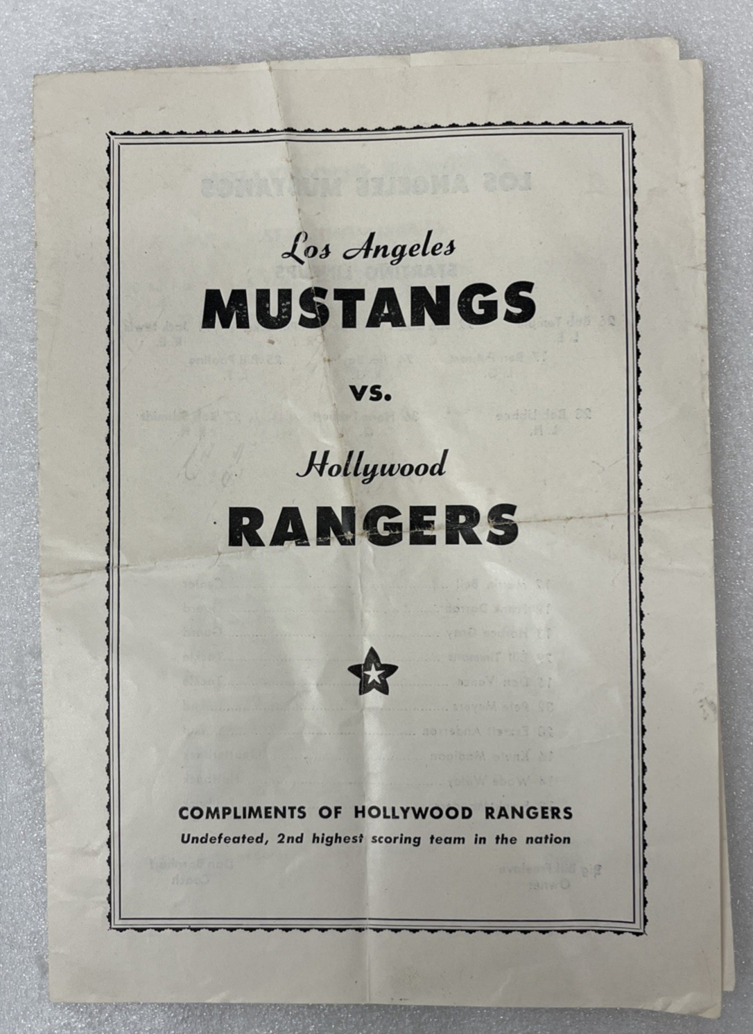 1944 AFL Hollywood Rangers vs Los Angeles Mustangs Football Starting Lineups