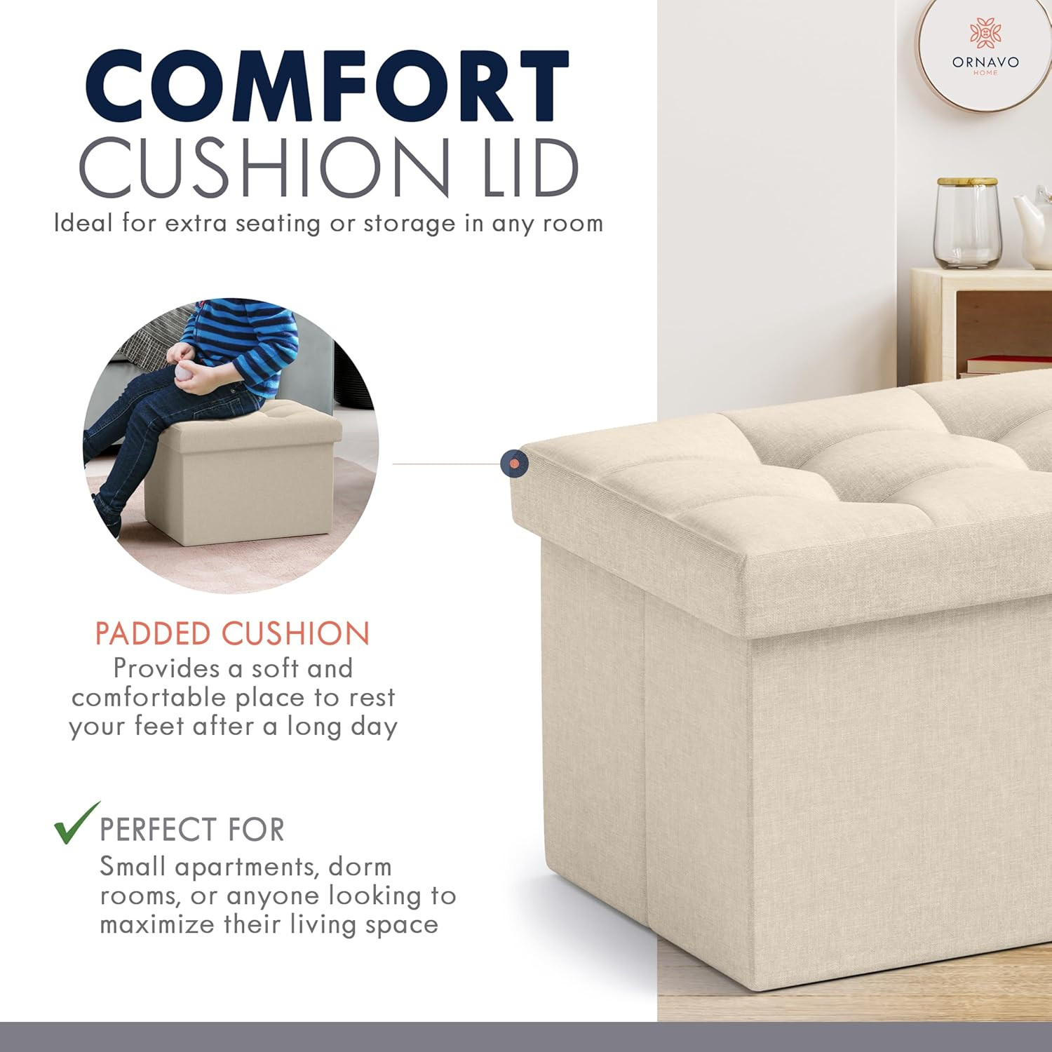 Small Storage Ottoman Foldable Collapsible Rectangle Linen Ottoman Foot Rest Sto