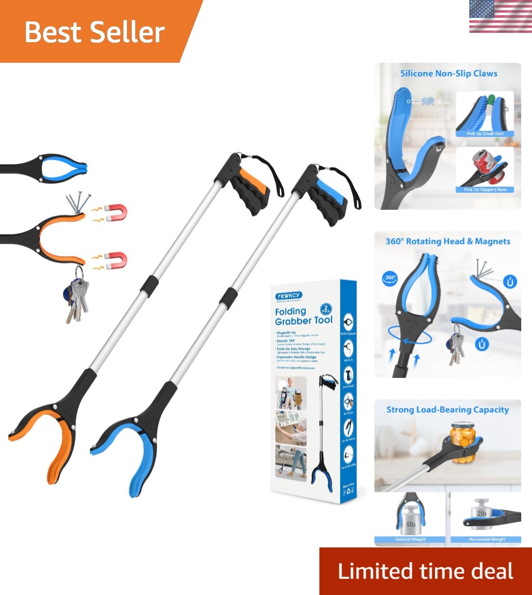 34" Grabber Reacher Tool, 2-Pack Foldable Reacher Grabber Pickup Tool with 36...