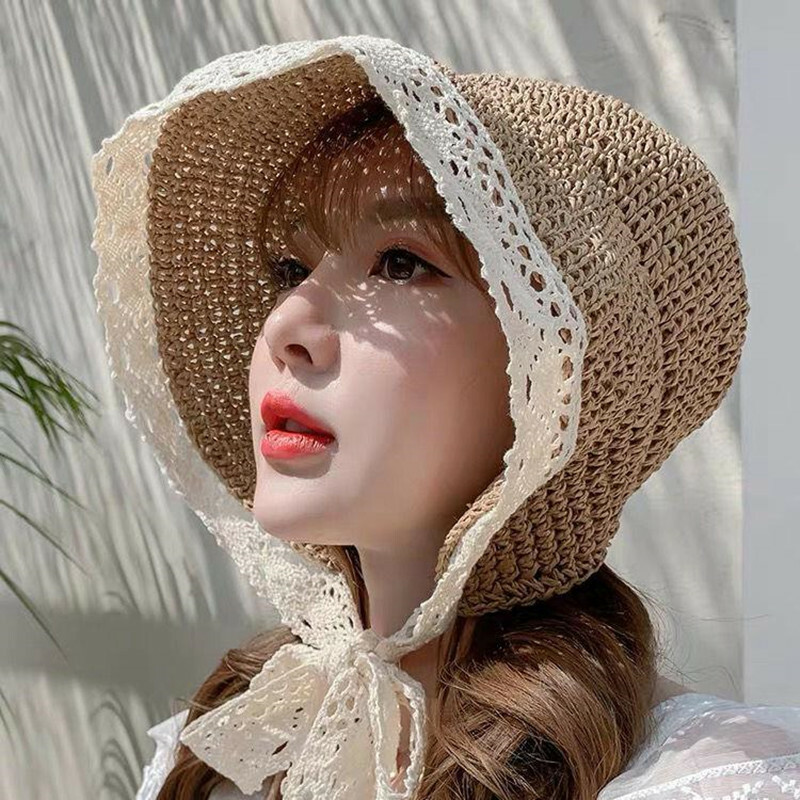 Harajuku Women Sun Proof Bucket Hat Summer Folding Straw Hat Lace Fisherman Hat