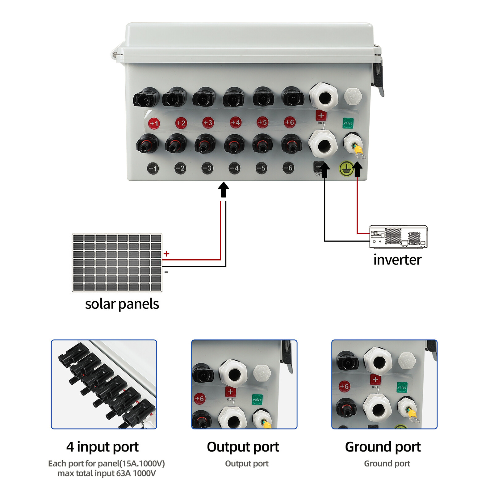 6-String Solar PV Combiner Box New 15A Circuit Breaker For Solar Panel System