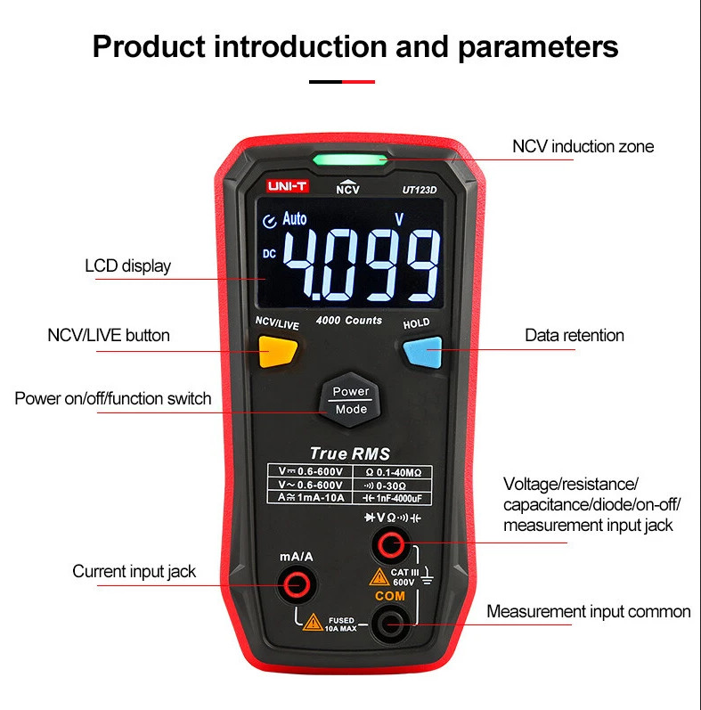 UNI-T UT123/UT123D Mini Digital Multimeter Auto Range Data hold AC DC Meter✦Kd